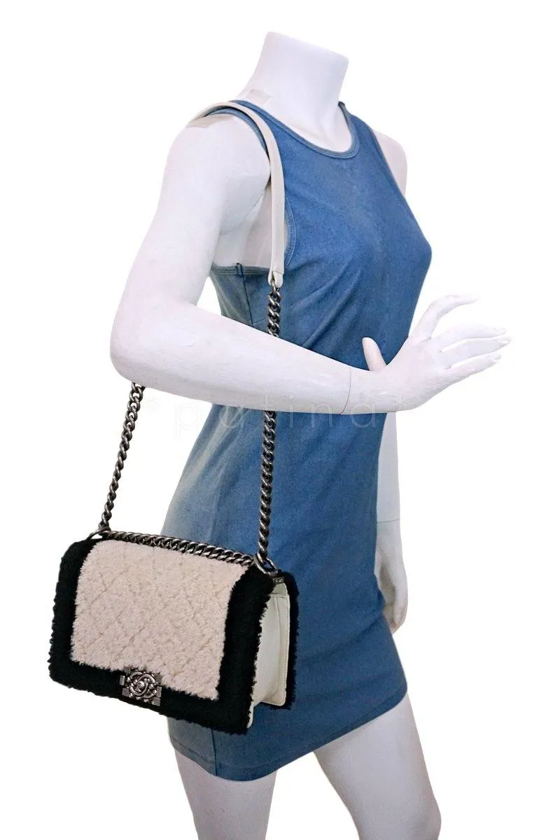 15A Chanel Medium Black/Cream Shearling Classic Boy Flap Bag RHW