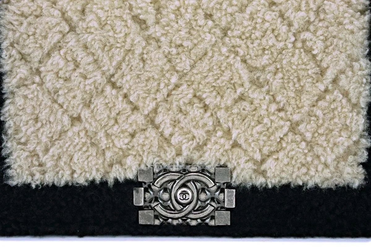 15A Chanel Medium Black/Cream Shearling Classic Boy Flap Bag RHW