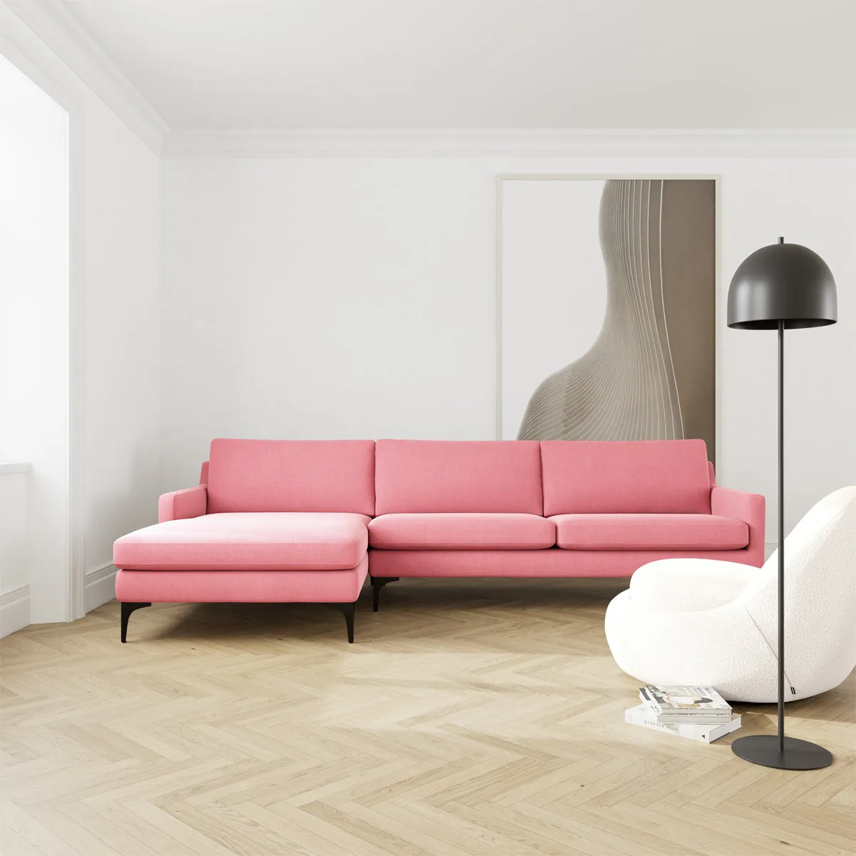 Astha Fabric Left Chaise Sofa (Black Metal, Bubble Gum)