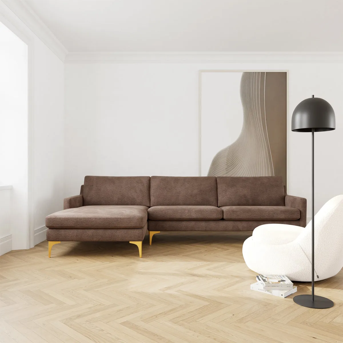 Astha Fabric Left Chaise Sofa (Brass Metal, Cacao)