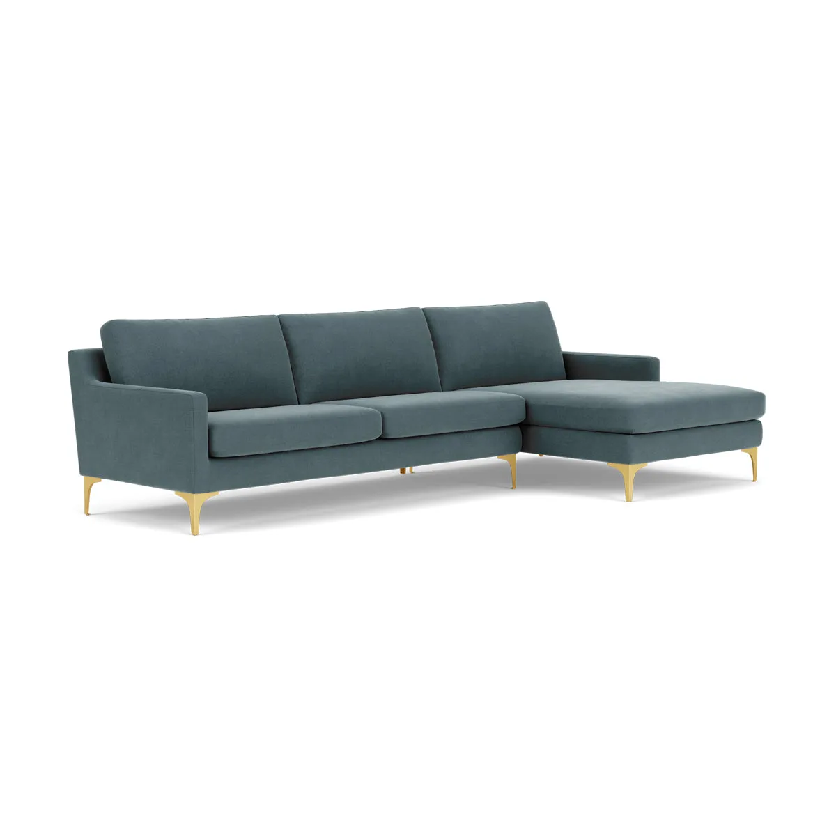 Astha Fabric Right Chaise Sofa (Brass Metal, Forest Dust Blue)