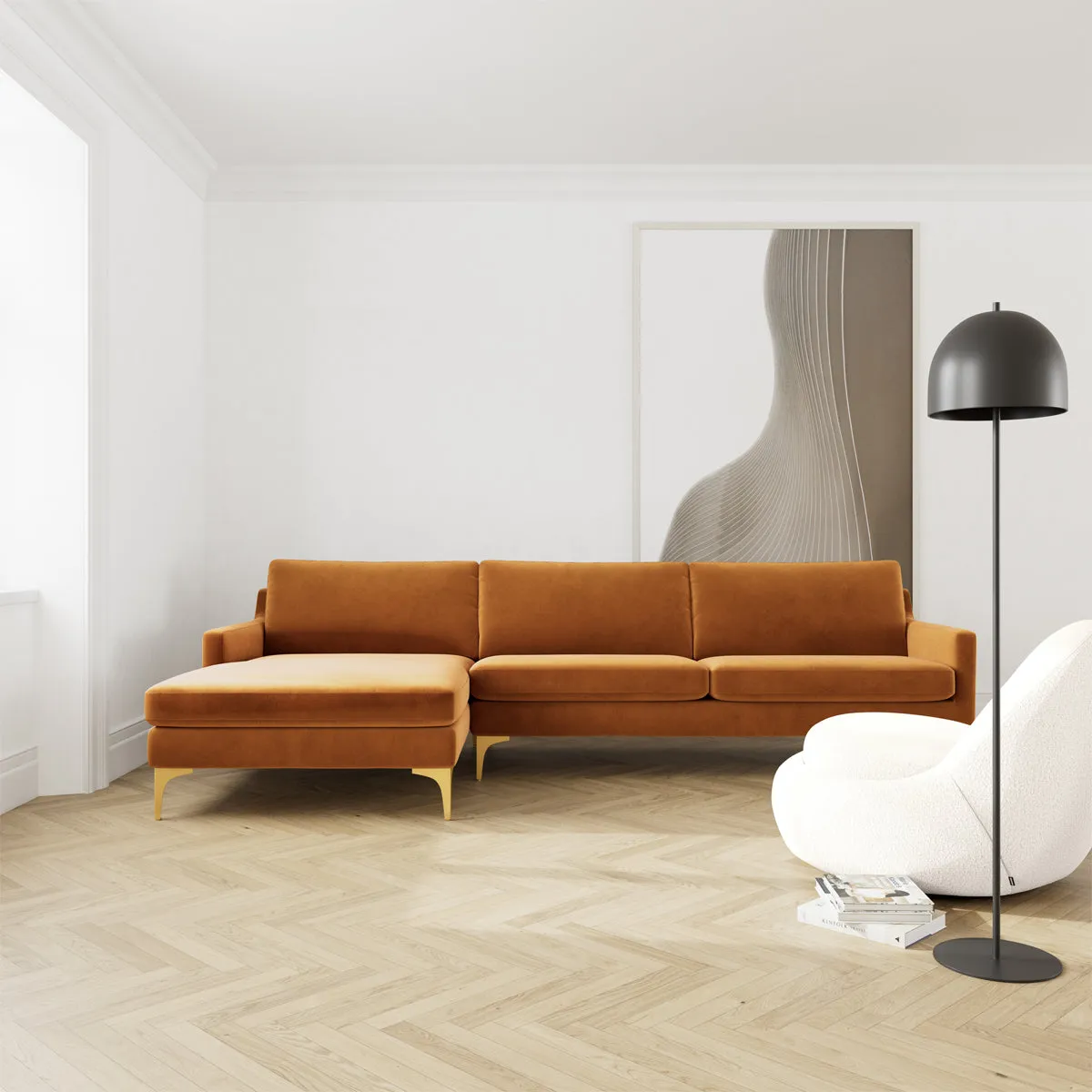 Astha Velvet Left Chaise Sofa (Brass Metal, Matt Amber)