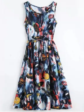 BerryBetty - Cheap Butterfly Painted Drawstring Sleeveless Dress
