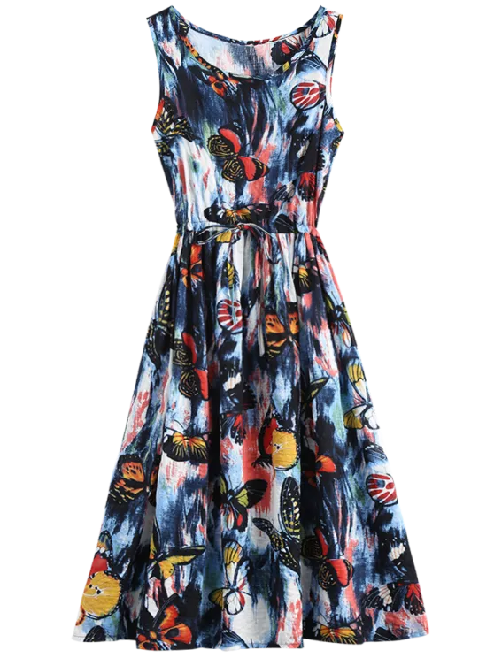 BerryBetty - Cheap Butterfly Painted Drawstring Sleeveless Dress