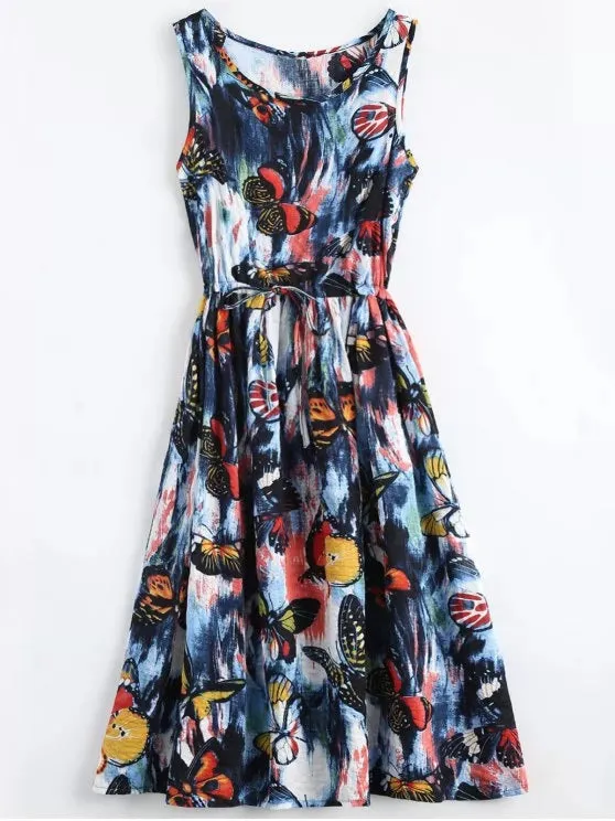 BerryBetty - Cheap Butterfly Painted Drawstring Sleeveless Dress
