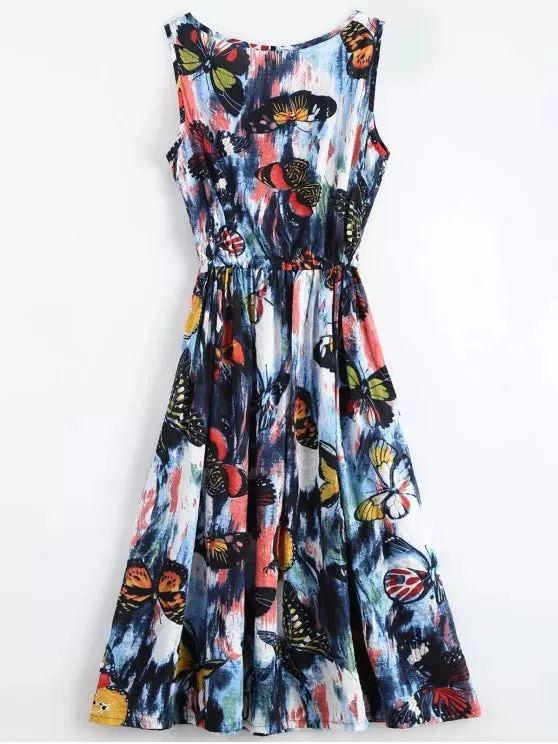 BerryBetty - Cheap Butterfly Painted Drawstring Sleeveless Dress