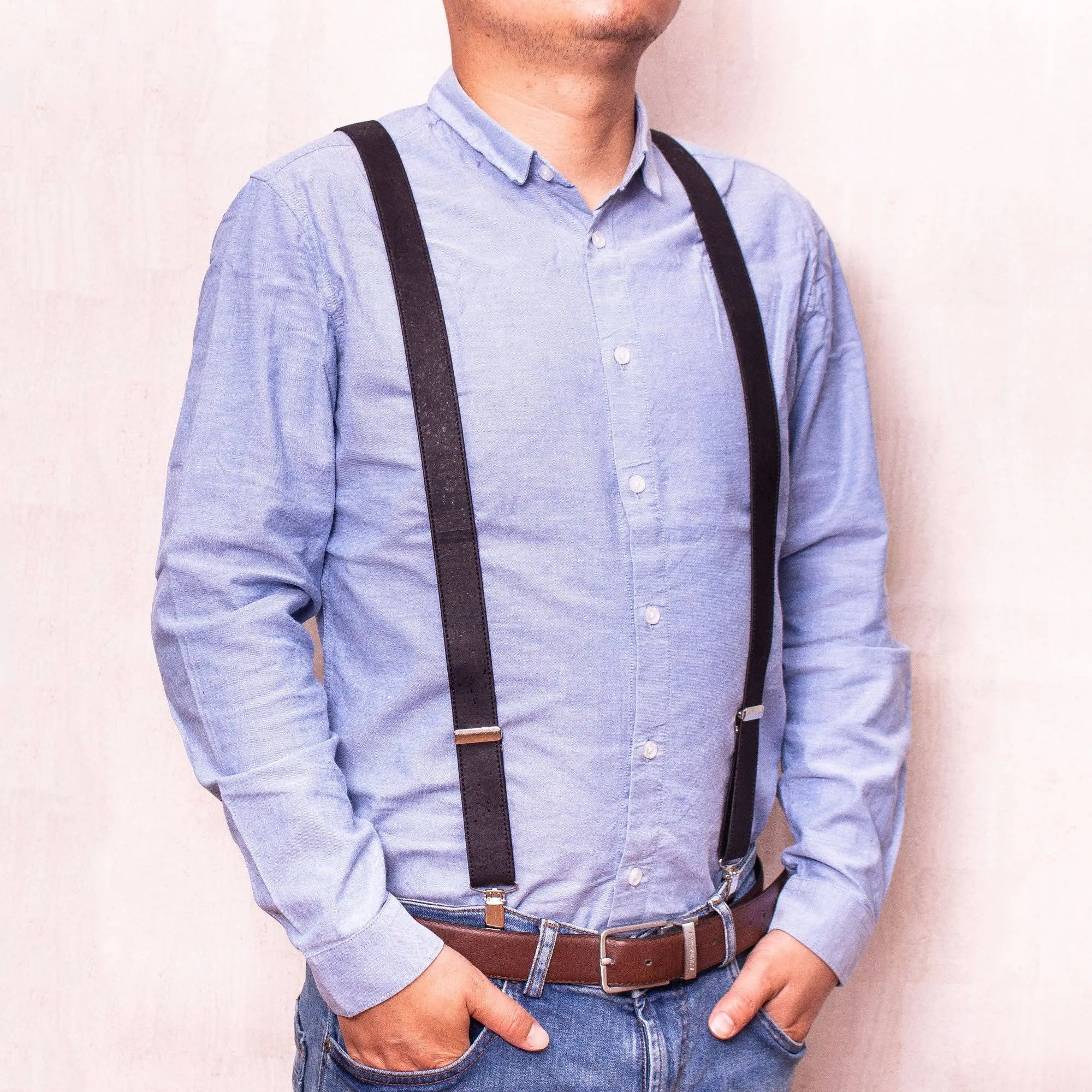 Black Adjustable cork straps men's SUSPENDER L-542-B