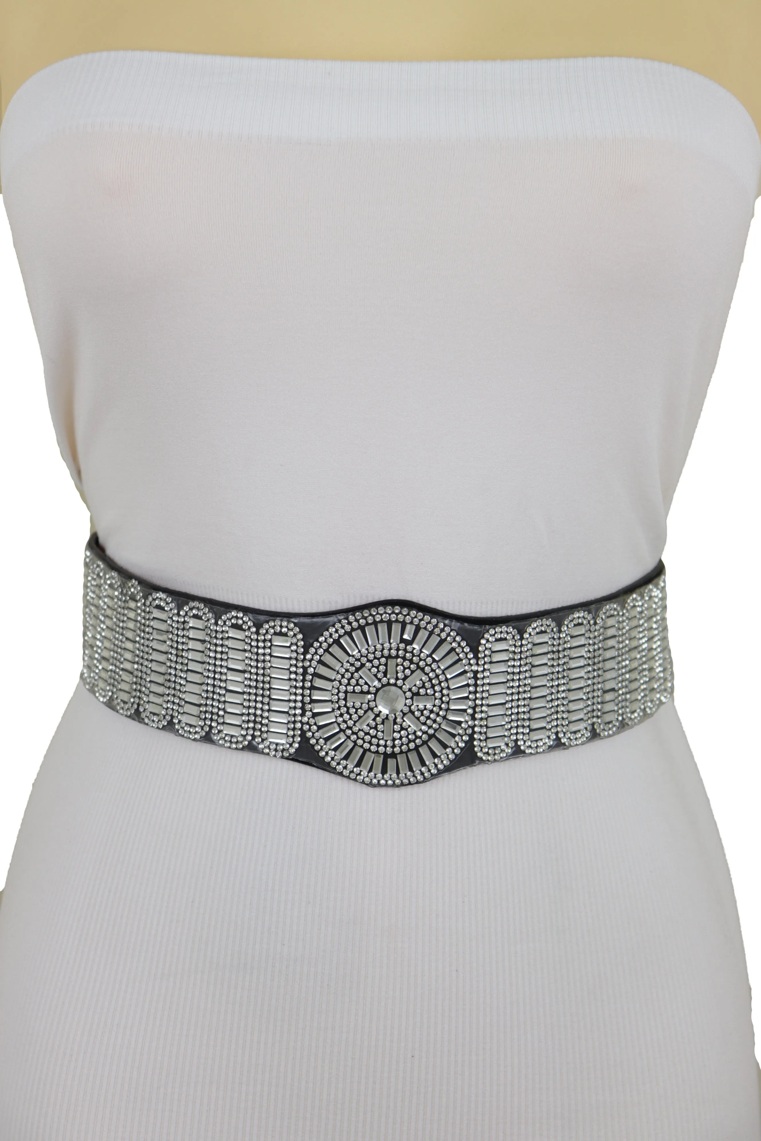 Black Elastic Band Night Club Party Fashion Belt Bling Silver Circle M L