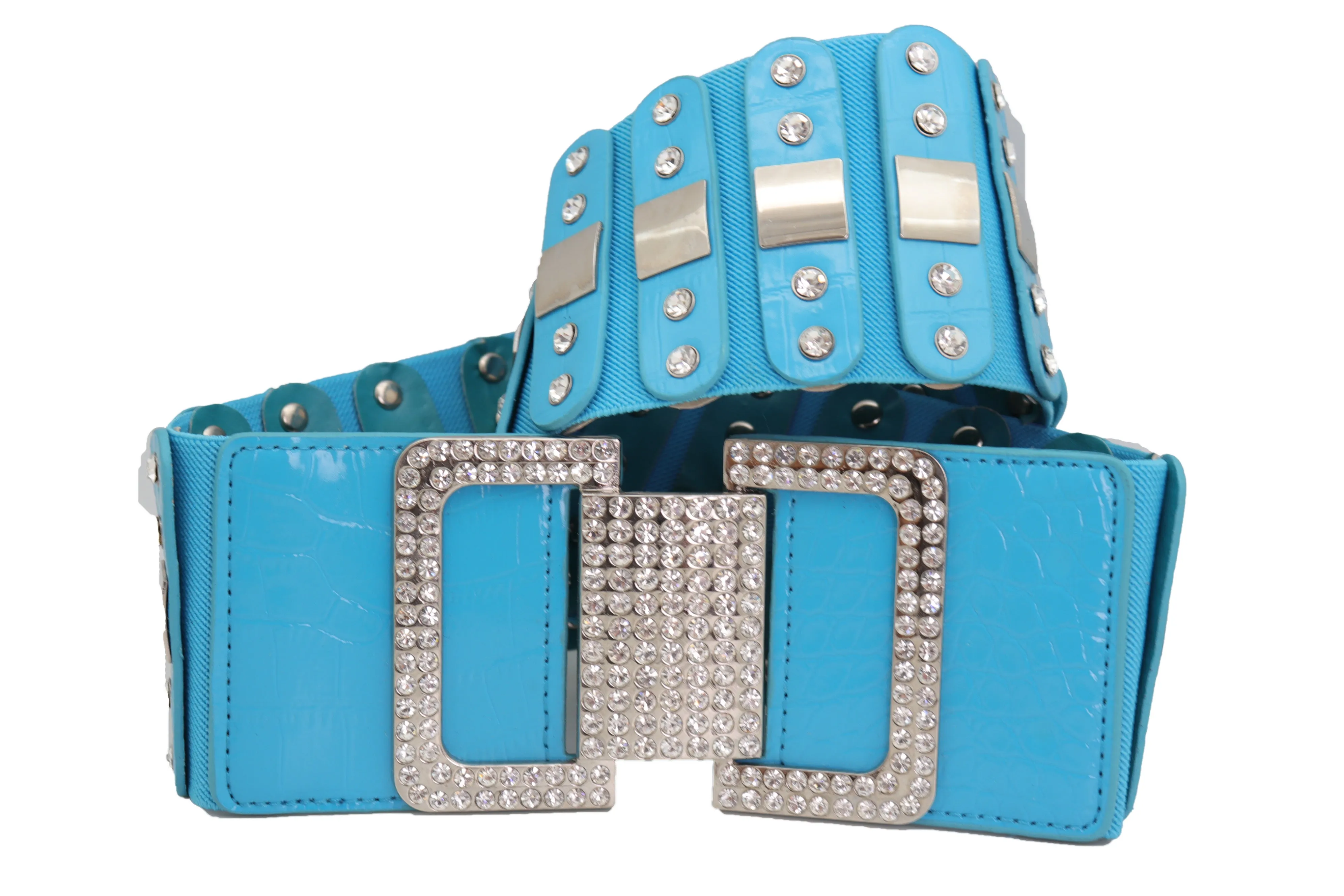 Blue Elastic Waistband Fashion Silver Metal Square Buckle Belt M L