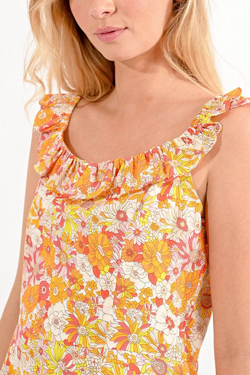 Bright Summer Floral Ruffle Neck Dress