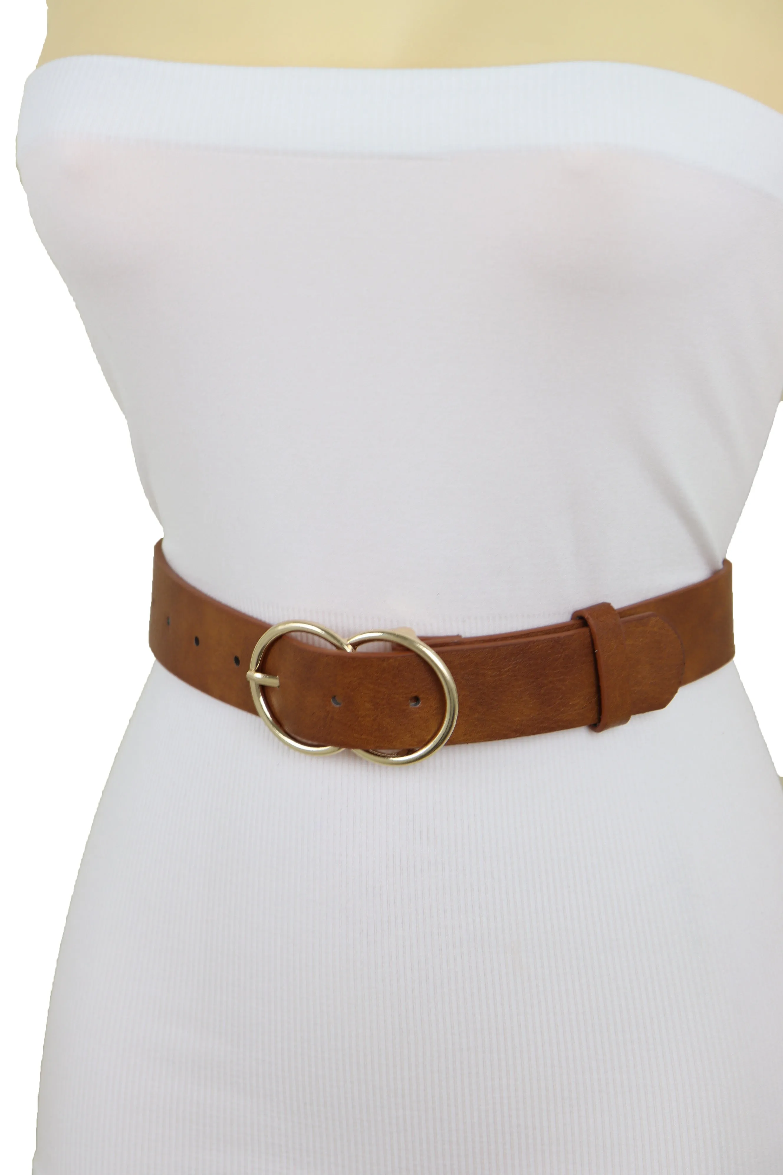 Brown Color Faux Leather Fashion Belt Hip Waist Gold Metal Buckle Size M L