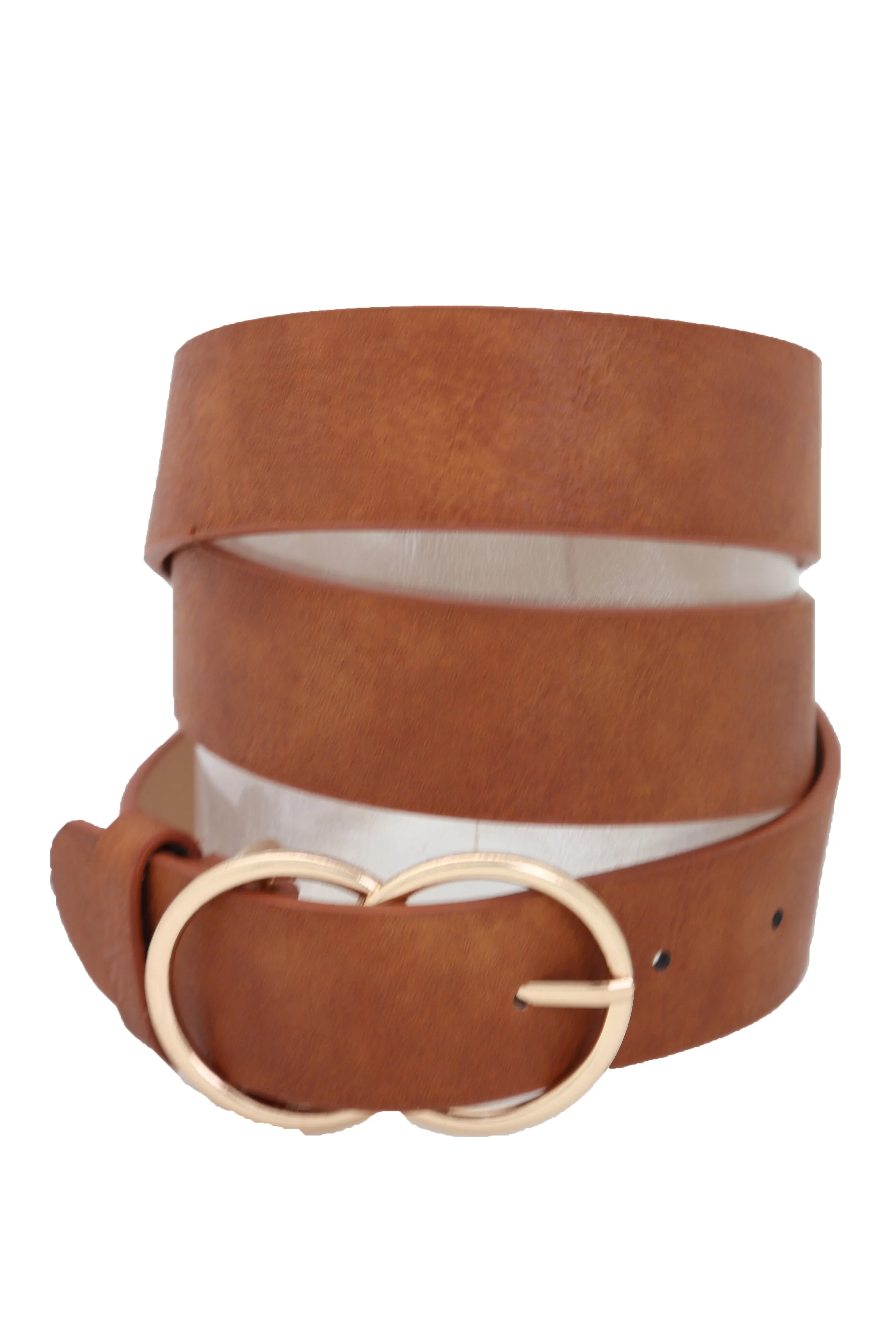 Brown Color Faux Leather Fashion Belt Hip Waist Gold Metal Buckle Size M L