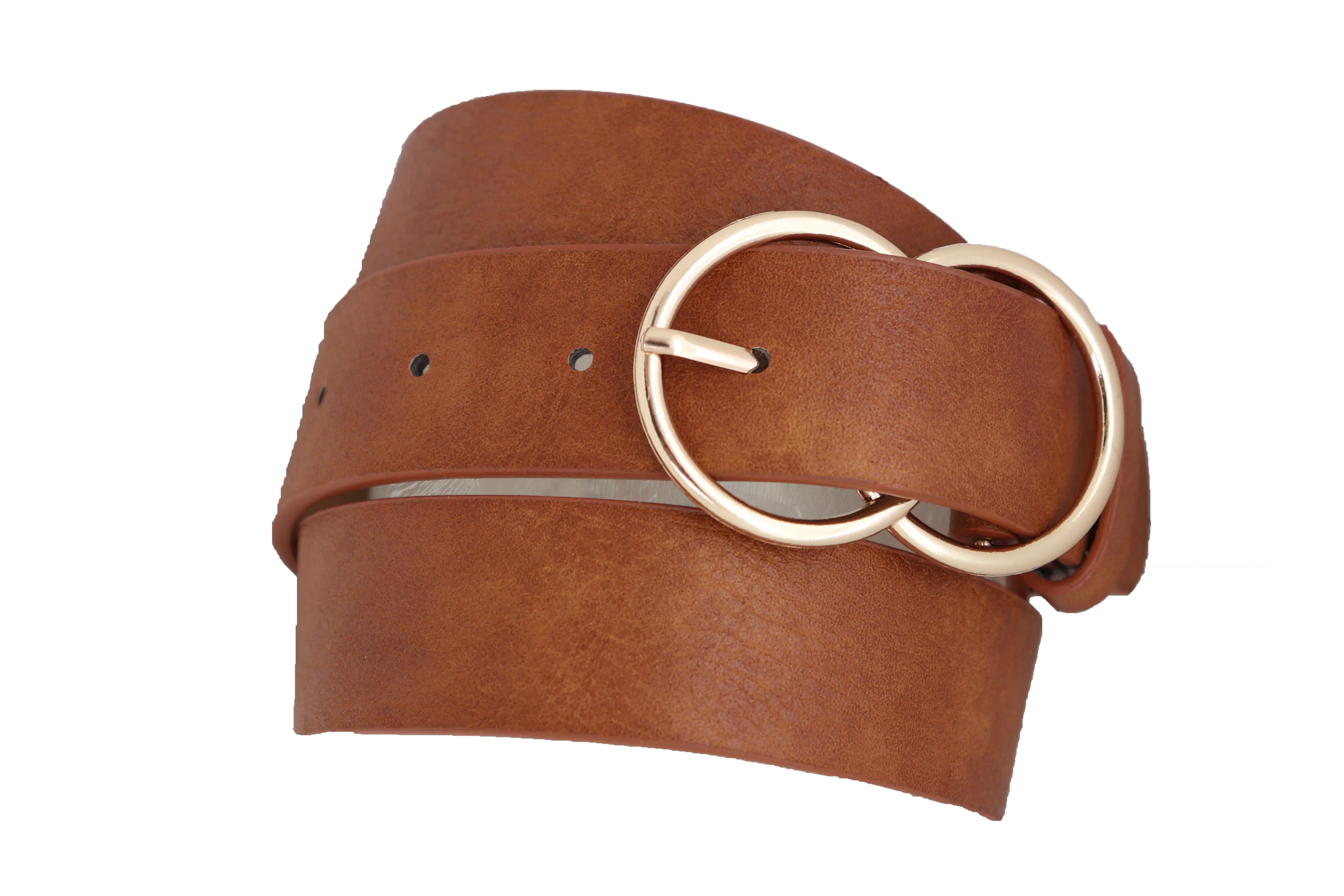 Brown Color Faux Leather Fashion Belt Hip Waist Gold Metal Buckle Size M L