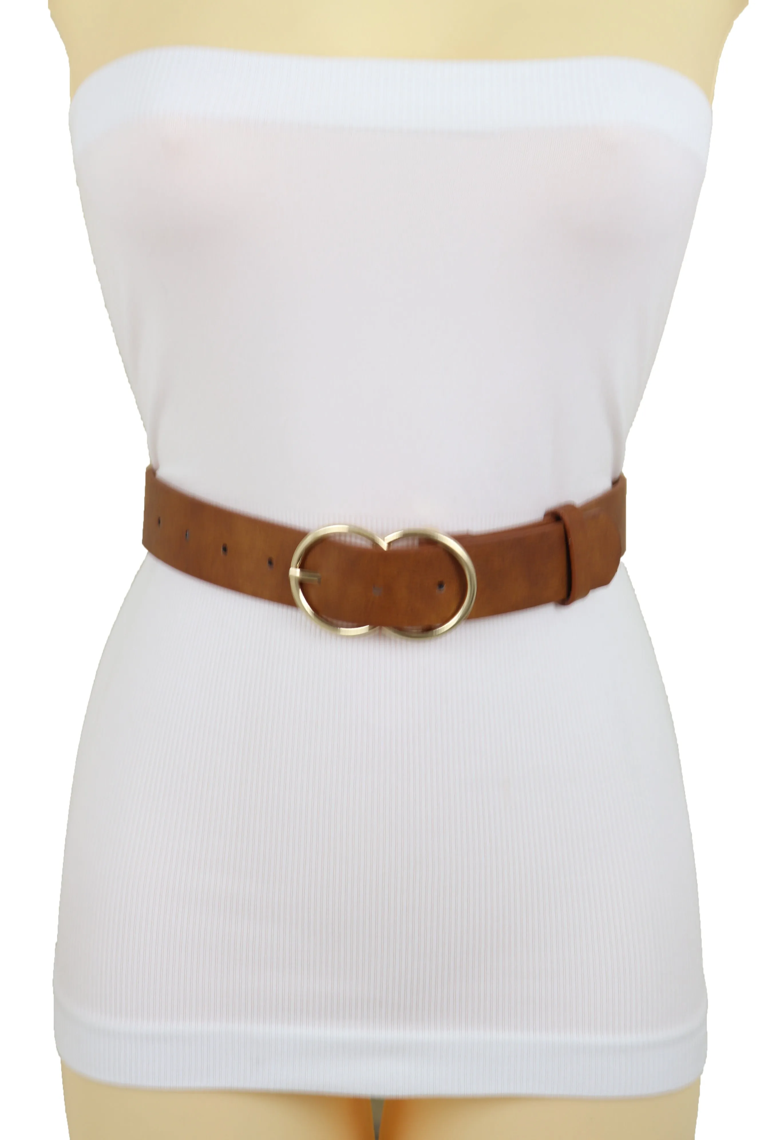 Brown Color Faux Leather Fashion Belt Hip Waist Gold Metal Buckle Size M L