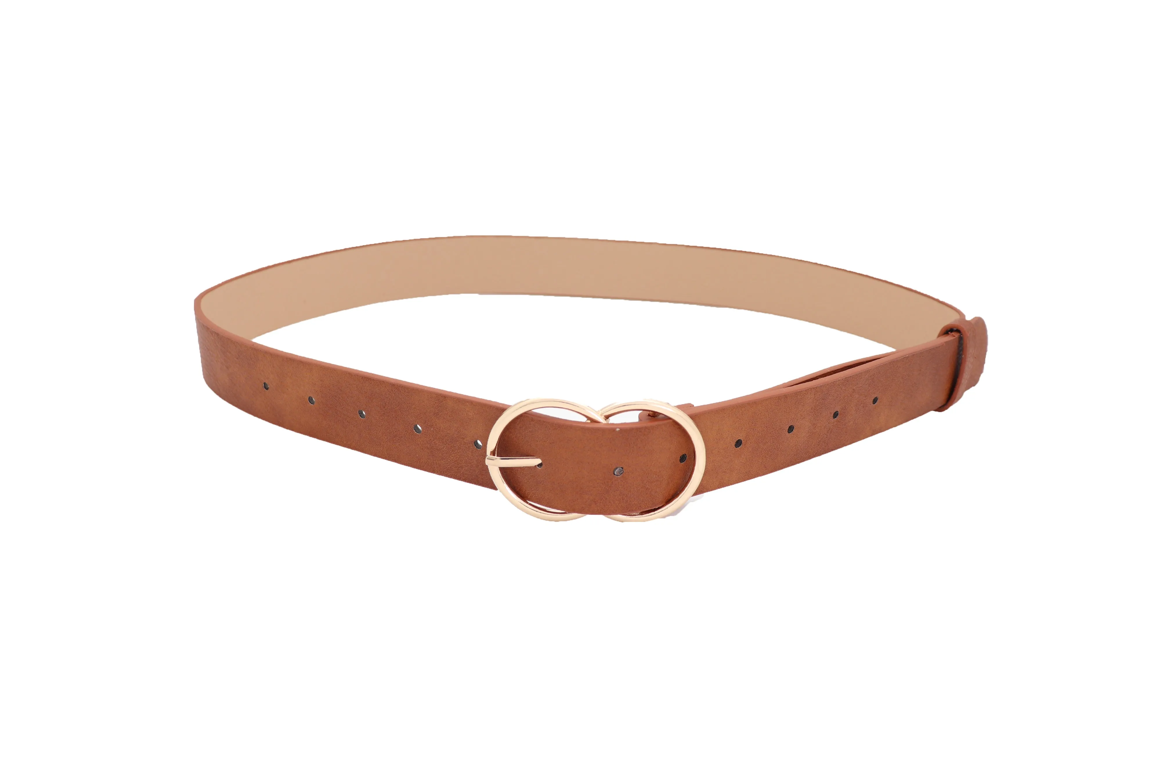 Brown Color Faux Leather Fashion Belt Hip Waist Gold Metal Buckle Size M L