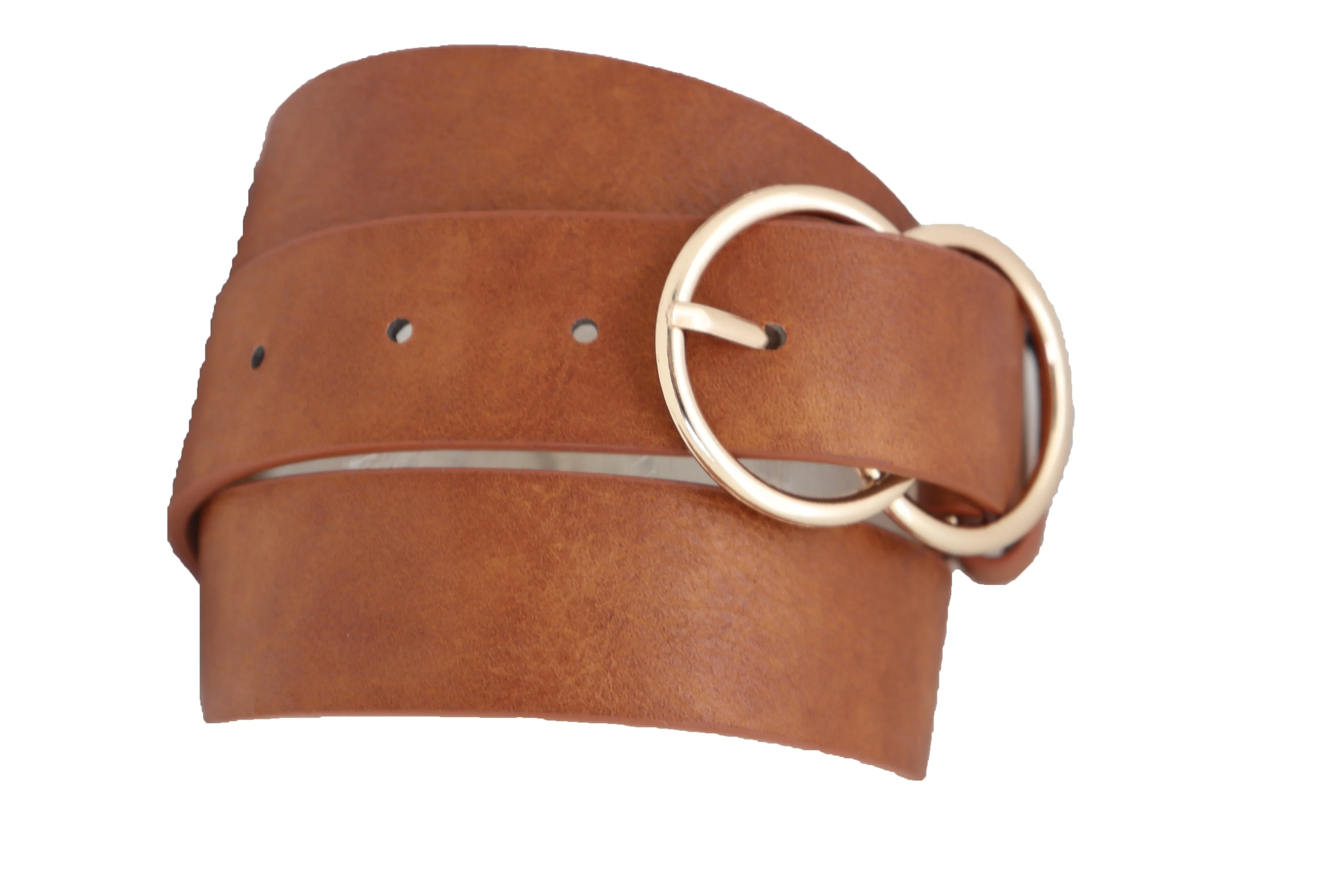 Brown Color Faux Leather Fashion Belt Hip Waist Gold Metal Buckle Size M L