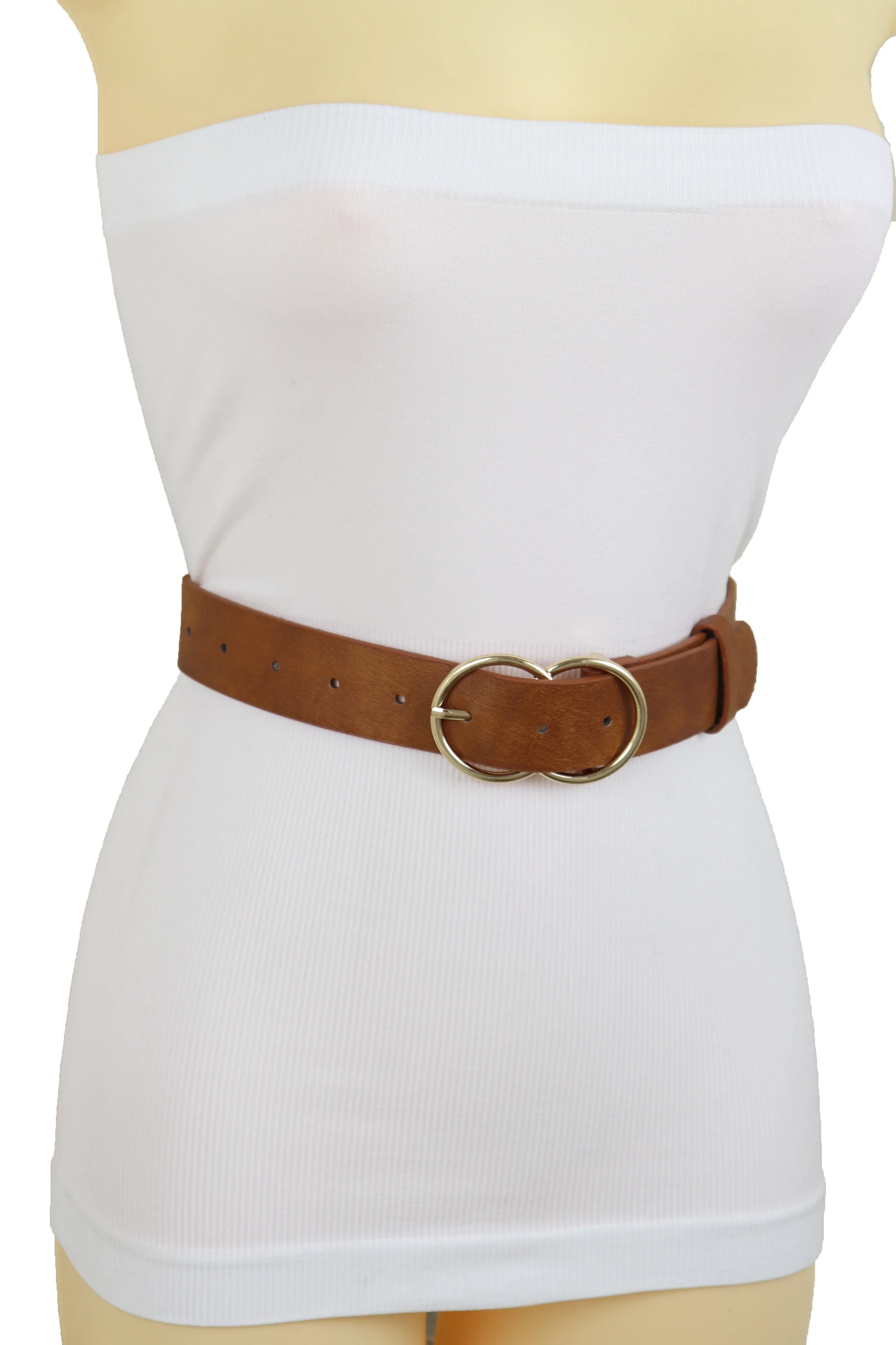 Brown Color Faux Leather Fashion Belt Hip Waist Gold Metal Buckle Size M L