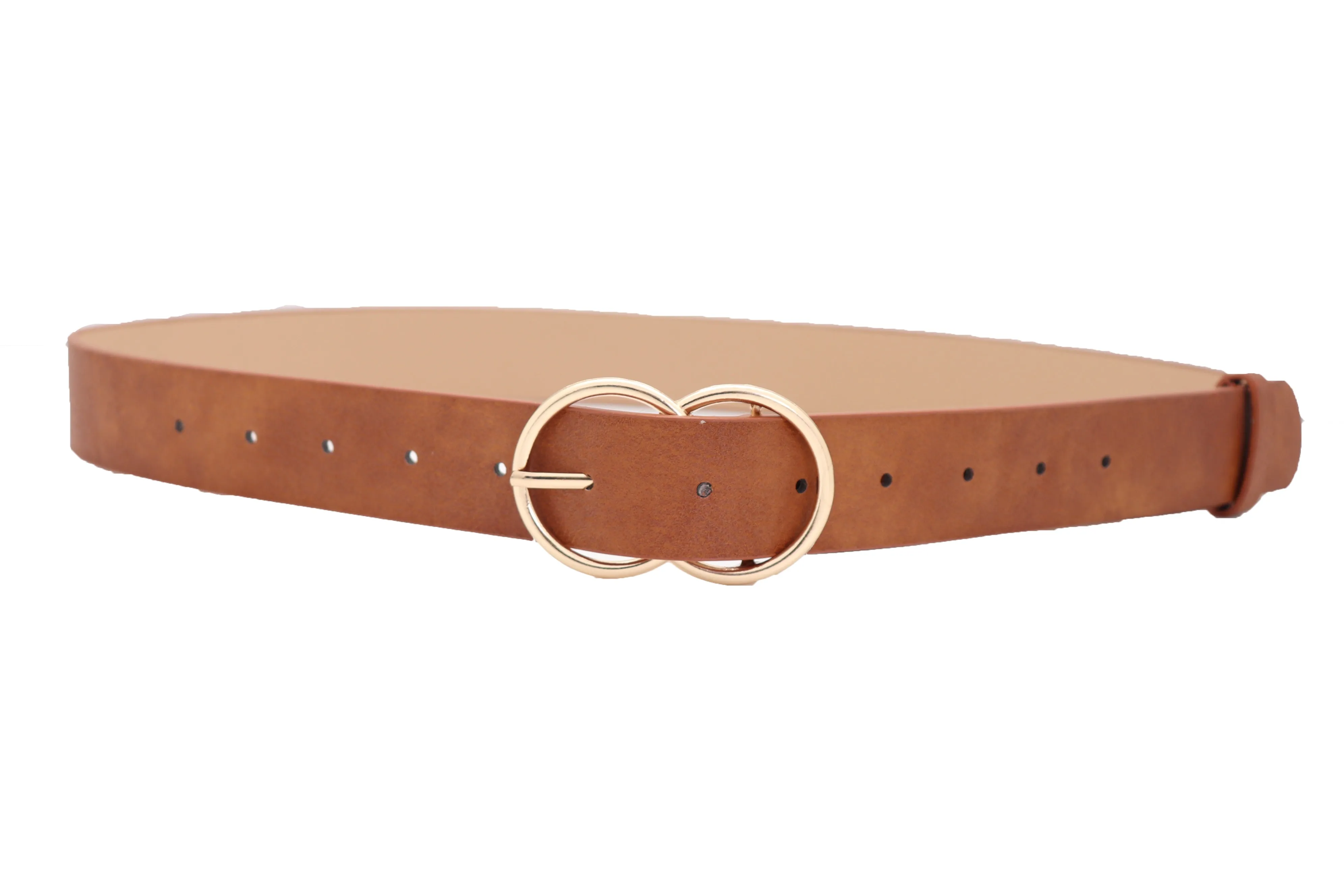 Brown Color Faux Leather Fashion Belt Hip Waist Gold Metal Buckle Size M L