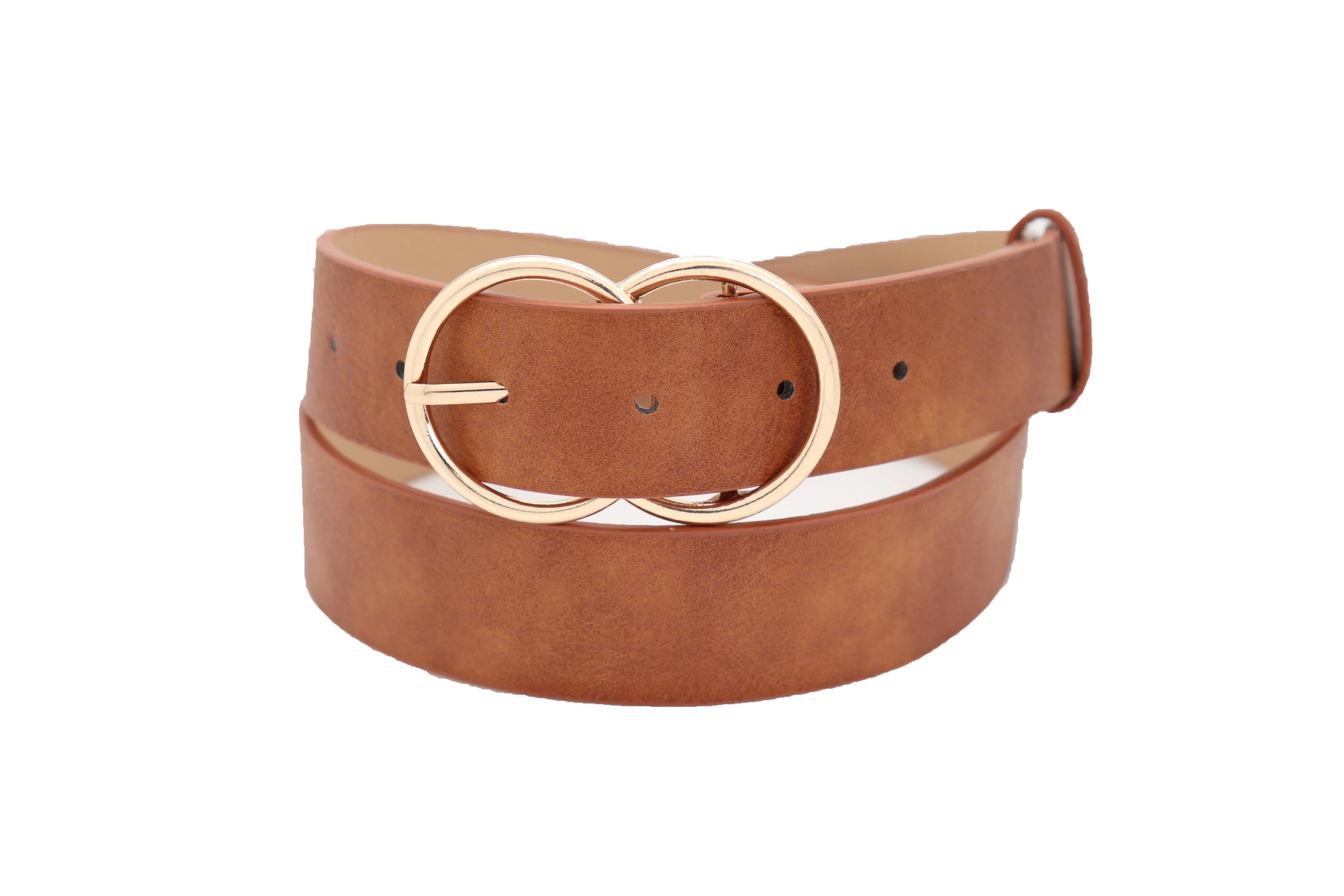 Brown Color Faux Leather Fashion Belt Hip Waist Gold Metal Buckle Size M L