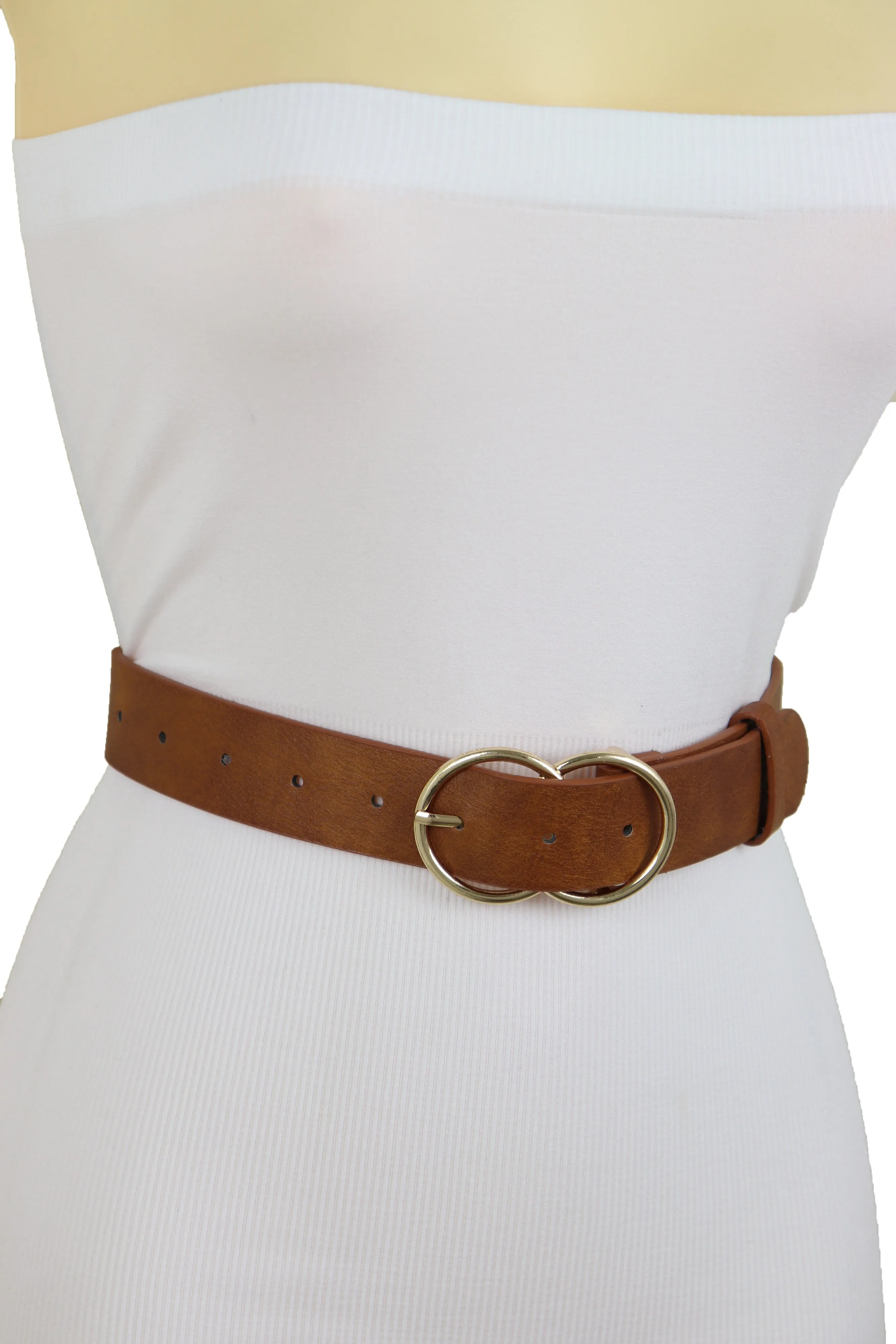 Brown Color Faux Leather Fashion Belt Hip Waist Gold Metal Buckle Size M L