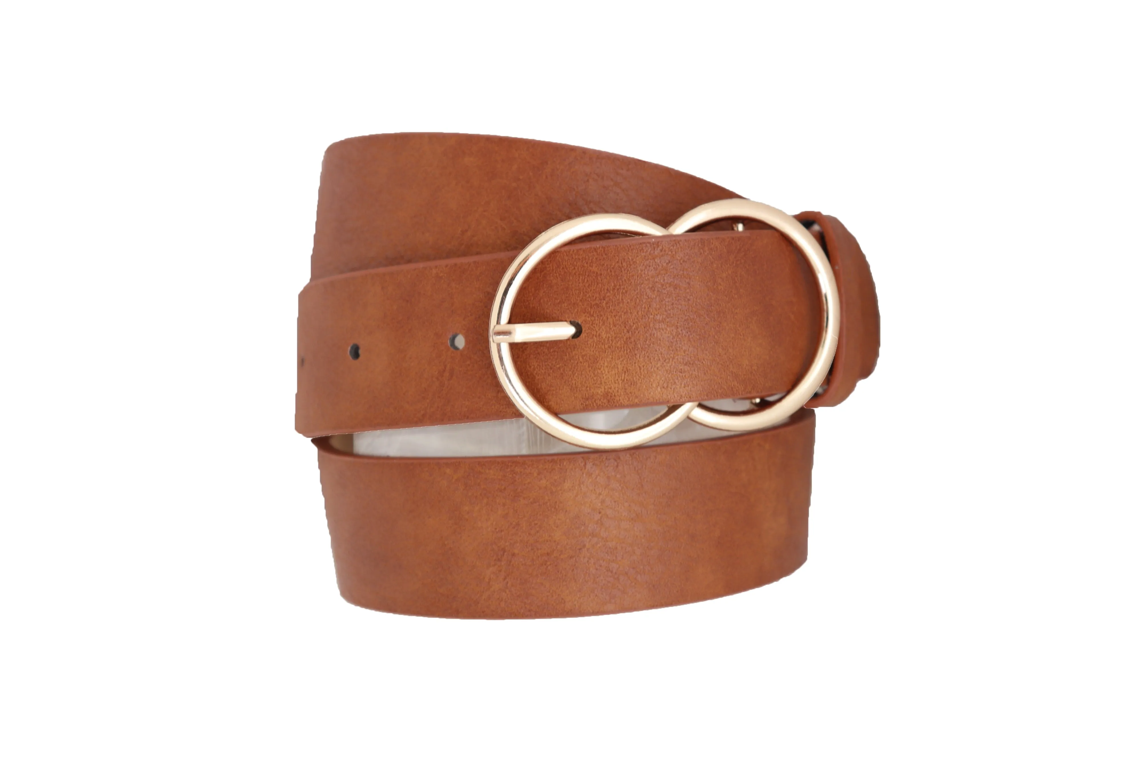 Brown Color Faux Leather Fashion Belt Hip Waist Gold Metal Buckle Size M L