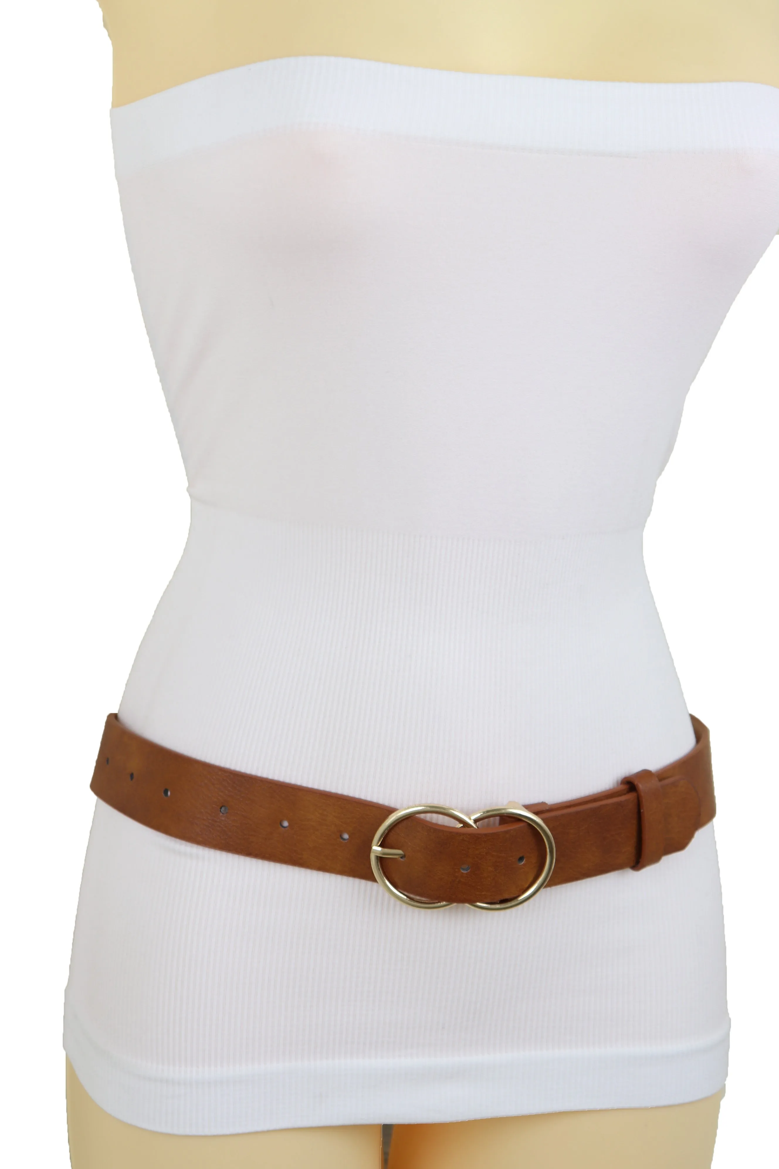 Brown Color Faux Leather Fashion Belt Hip Waist Gold Metal Buckle Size M L