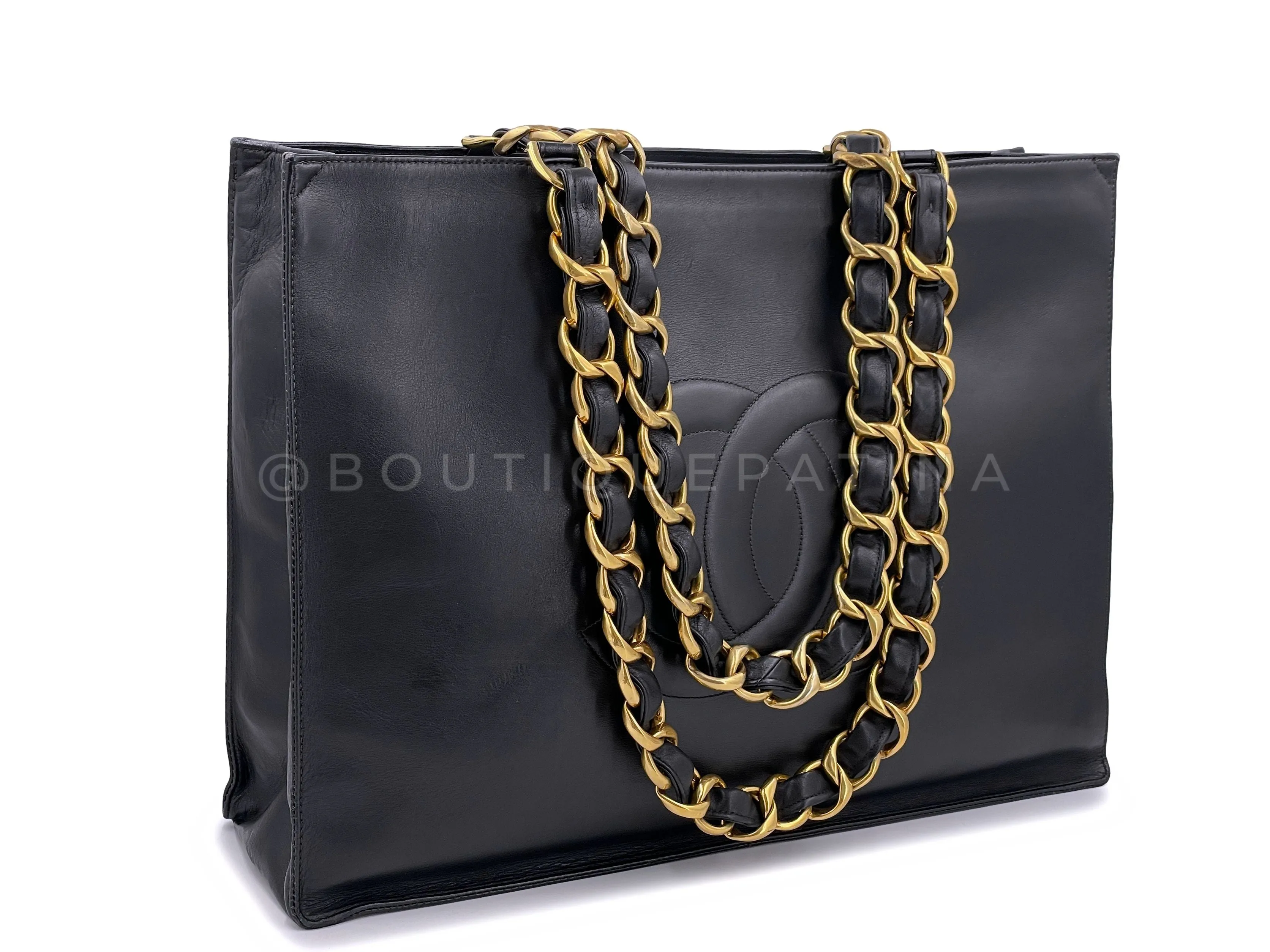 Chanel 1995 Vintage Black Chunky Chain Shopper Tote Bag Calfskin
