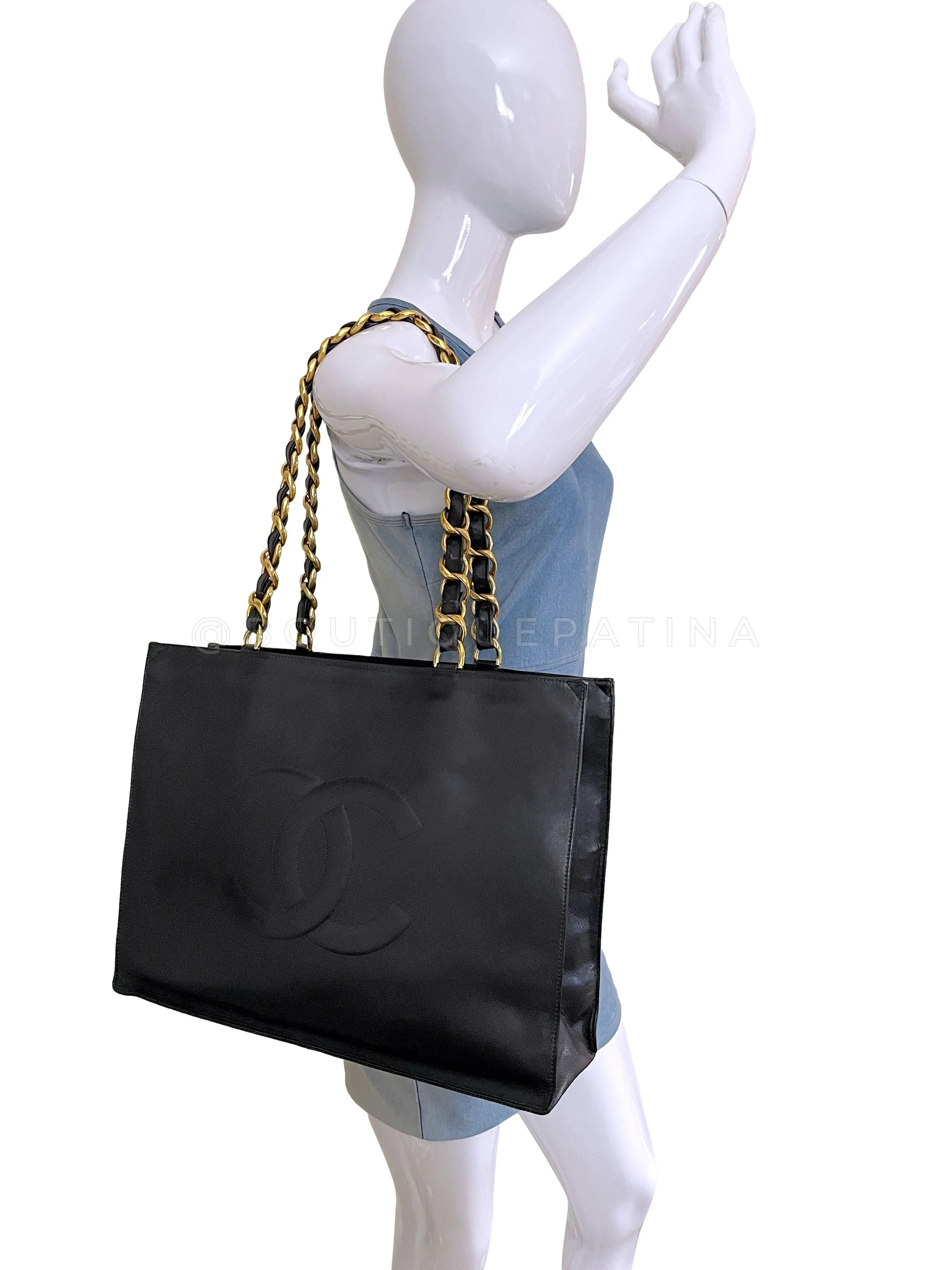 Chanel 1995 Vintage Black Chunky Chain Shopper Tote Bag Calfskin