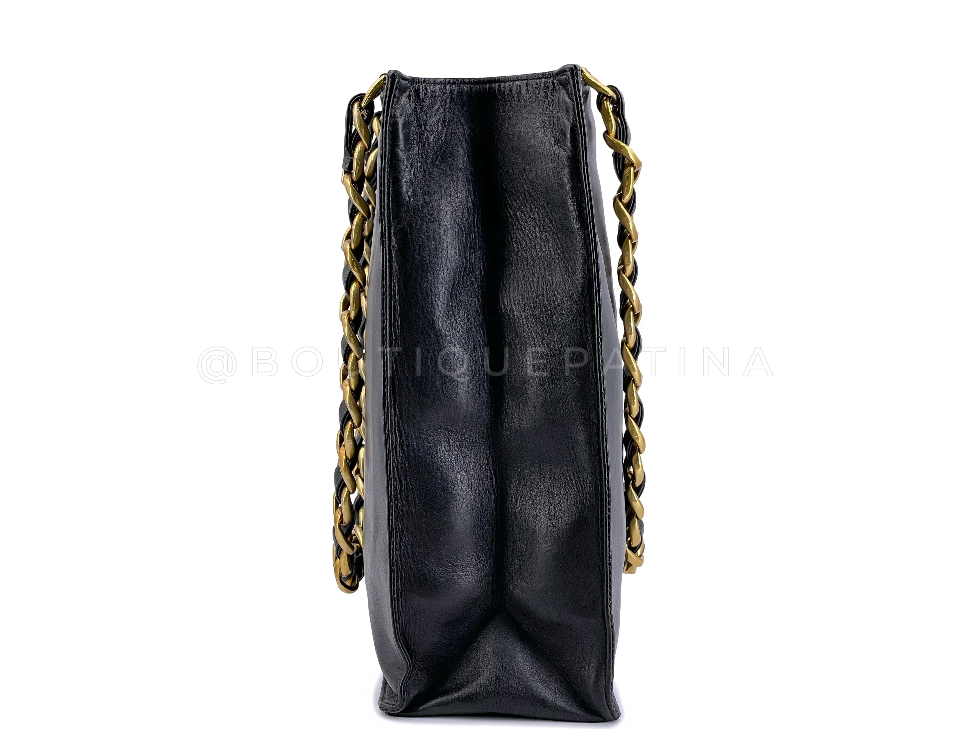 Chanel 1995 Vintage Black Chunky Chain Shopper Tote Bag Calfskin