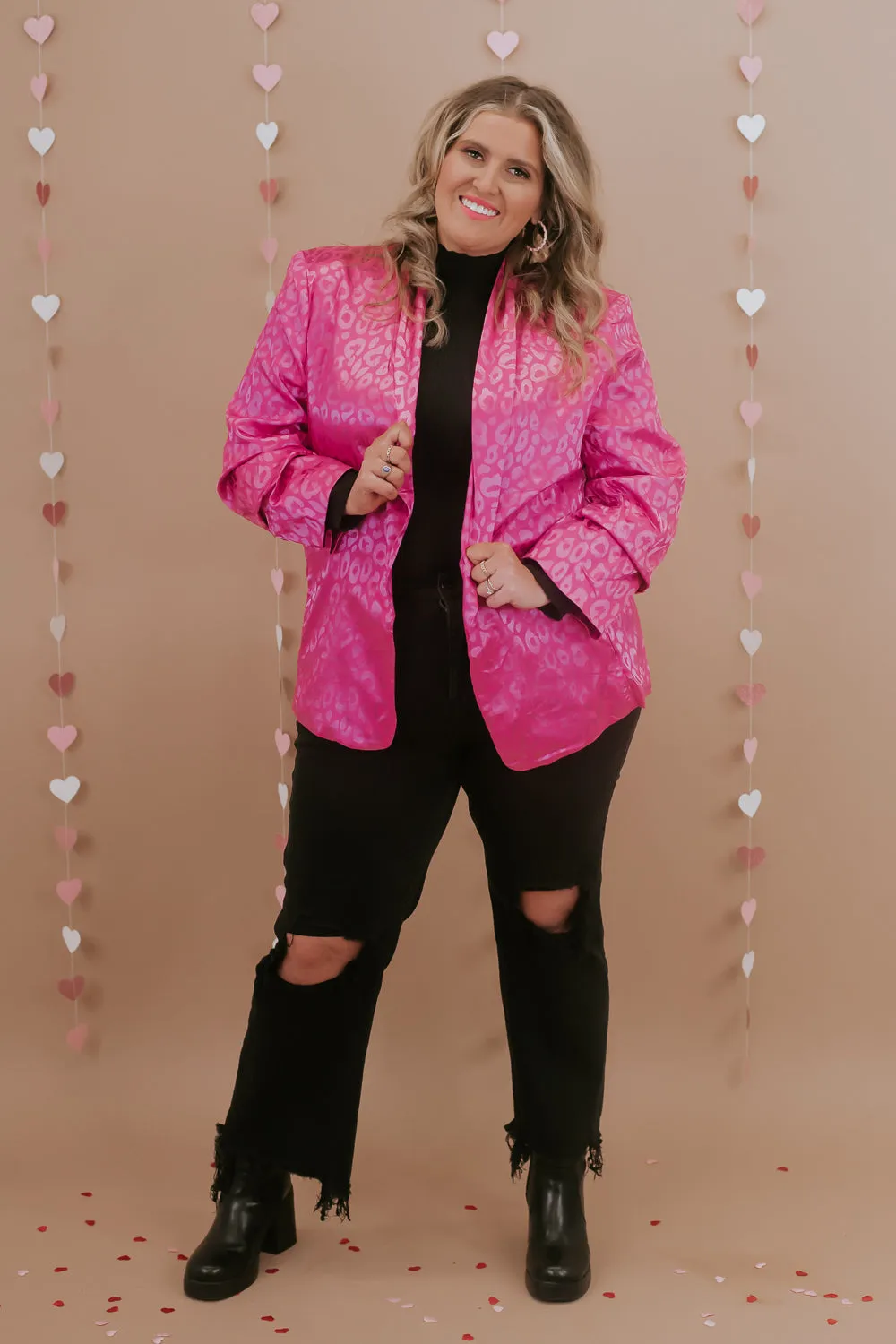 Cheetah Print Satin Blazer, Hot Pink