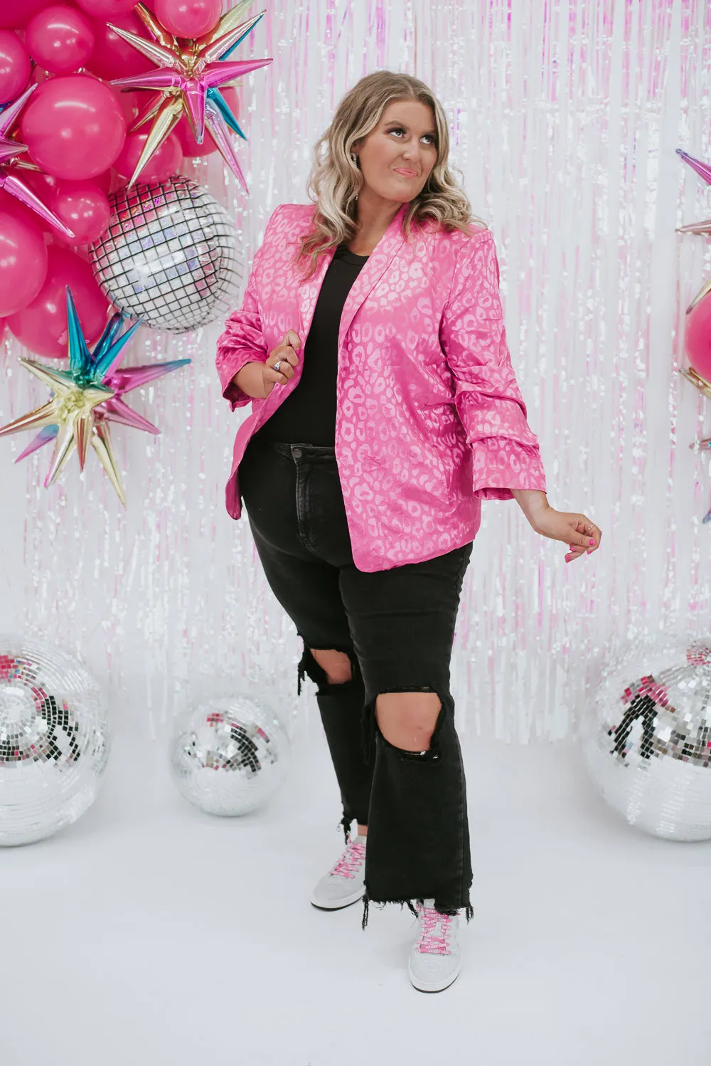 Cheetah Print Satin Blazer, Hot Pink