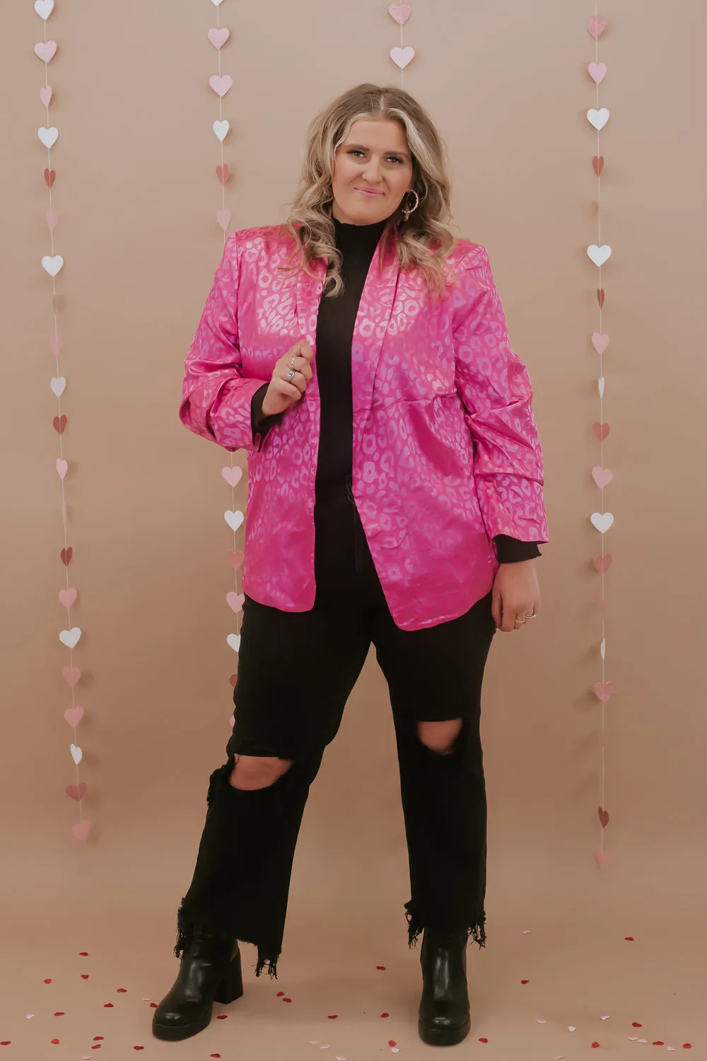 Cheetah Print Satin Blazer, Hot Pink