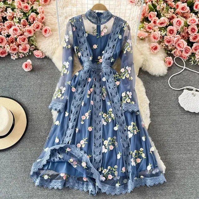 Elegant Summer Embroidery Lace Dress for Women – Long Sleeve Boho Floral Tulle Midi Dress