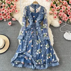 Elegant Summer Embroidery Lace Dress for Women – Long Sleeve Boho Floral Tulle Midi Dress