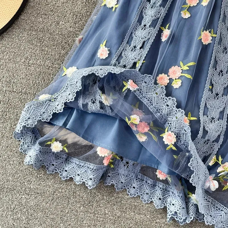 Elegant Summer Embroidery Lace Dress for Women – Long Sleeve Boho Floral Tulle Midi Dress