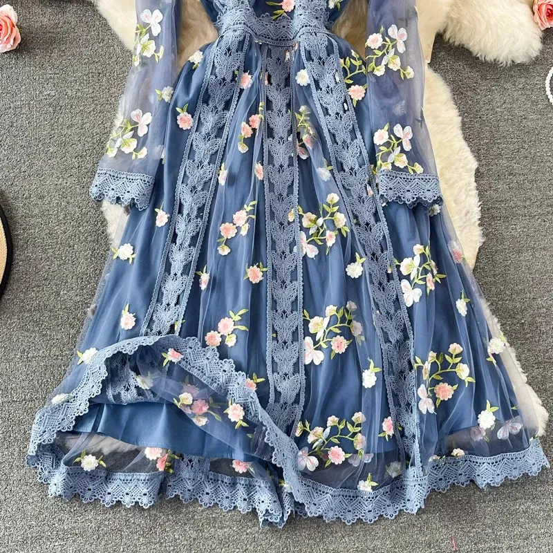 Elegant Summer Embroidery Lace Dress for Women – Long Sleeve Boho Floral Tulle Midi Dress
