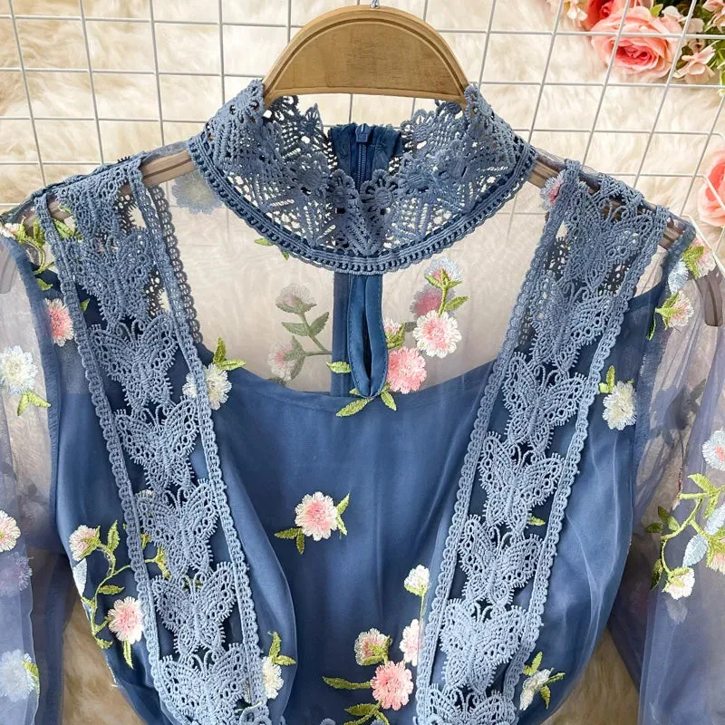Elegant Summer Embroidery Lace Dress for Women – Long Sleeve Boho Floral Tulle Midi Dress