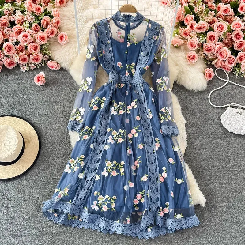 Elegant Summer Embroidery Lace Dress for Women – Long Sleeve Boho Floral Tulle Midi Dress
