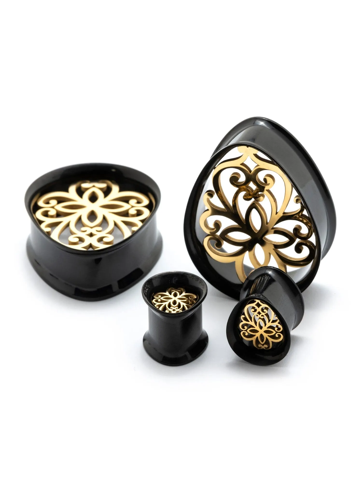 Gold Filigree Center Double Flared Steel Teardrop Plugs