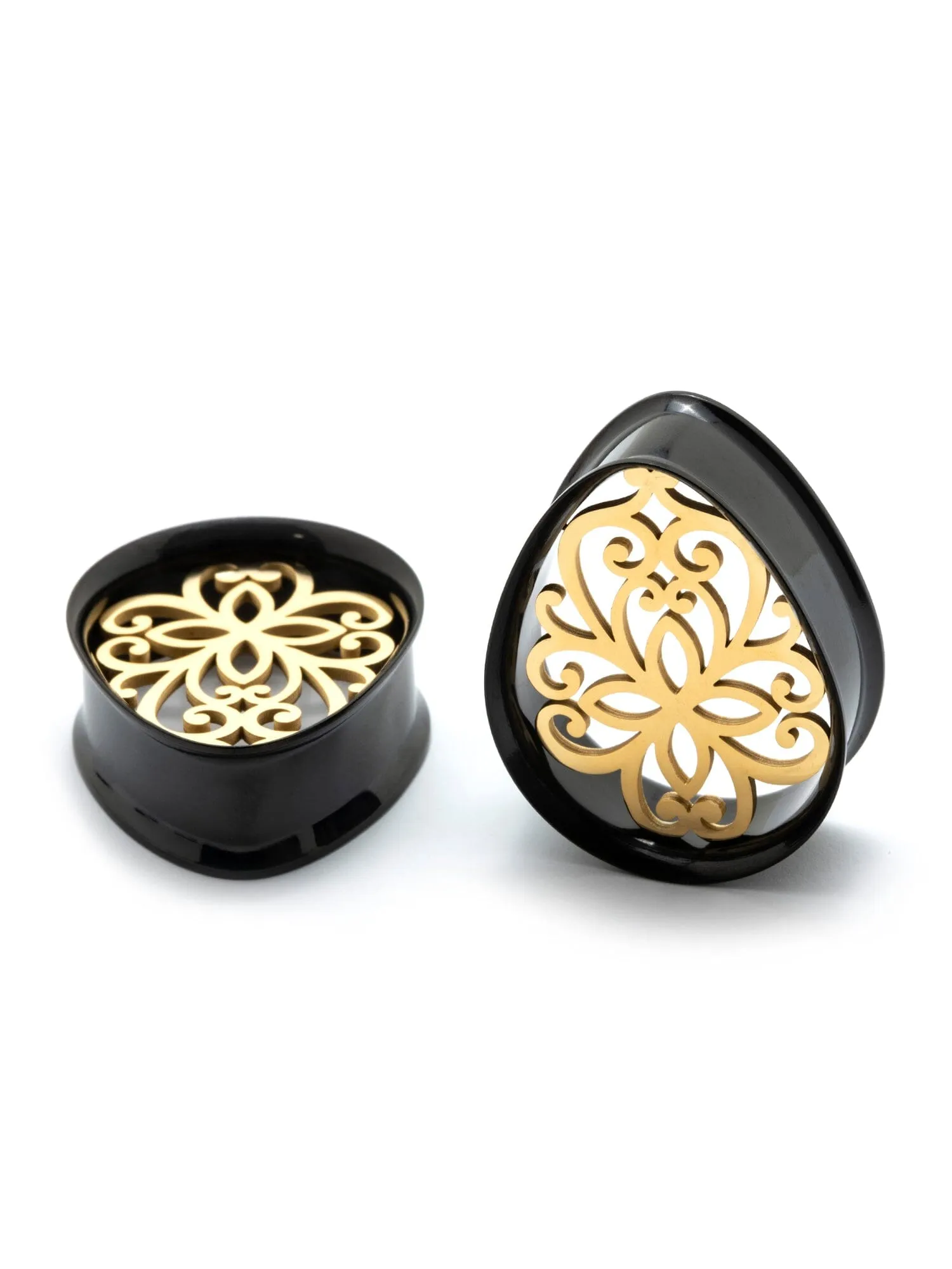 Gold Filigree Center Double Flared Steel Teardrop Plugs