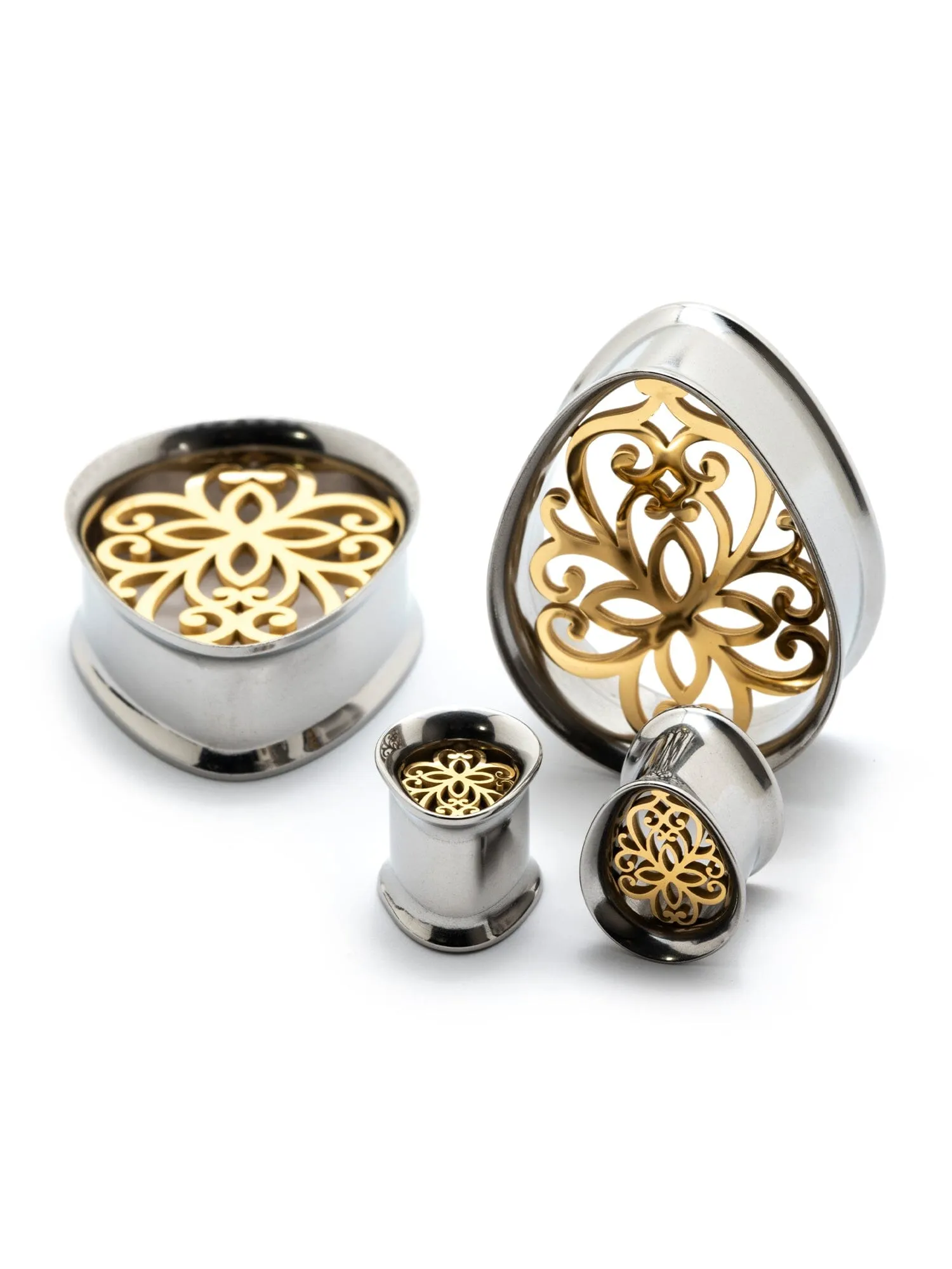 Gold Filigree Center Double Flared Steel Teardrop Plugs
