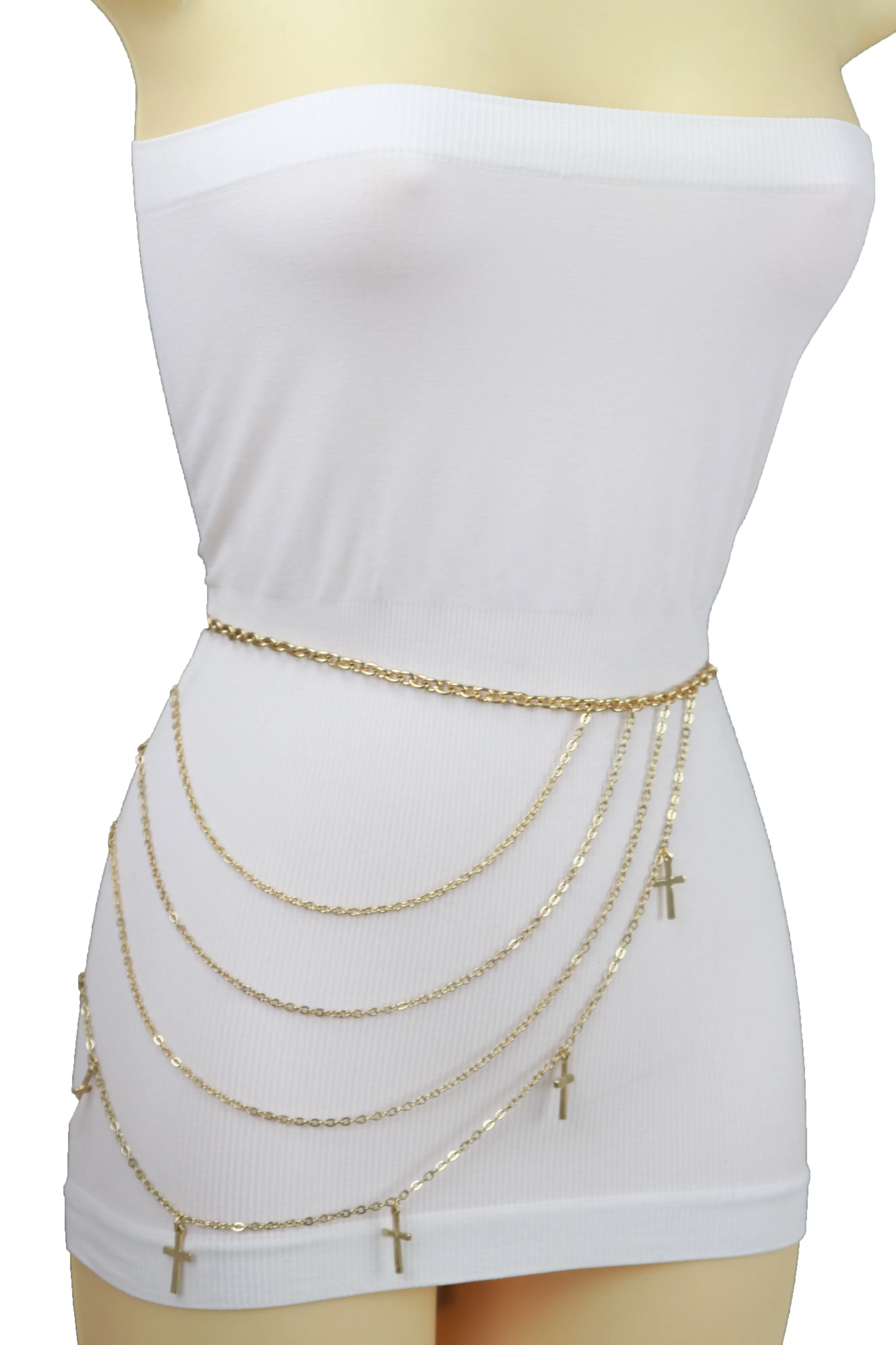 Gold Metal Chain Links Waves Belt Cross Charms S M L