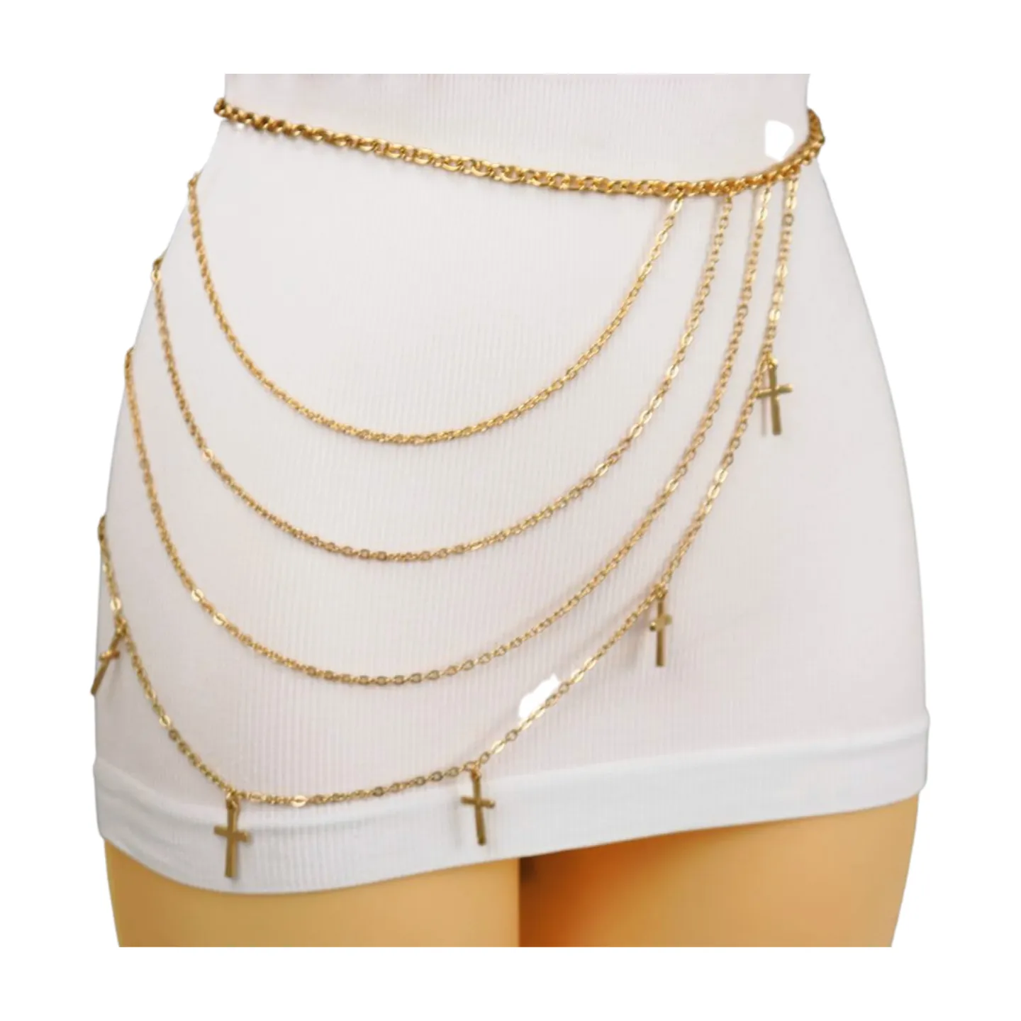 Gold Metal Chain Links Waves Belt Cross Charms S M L