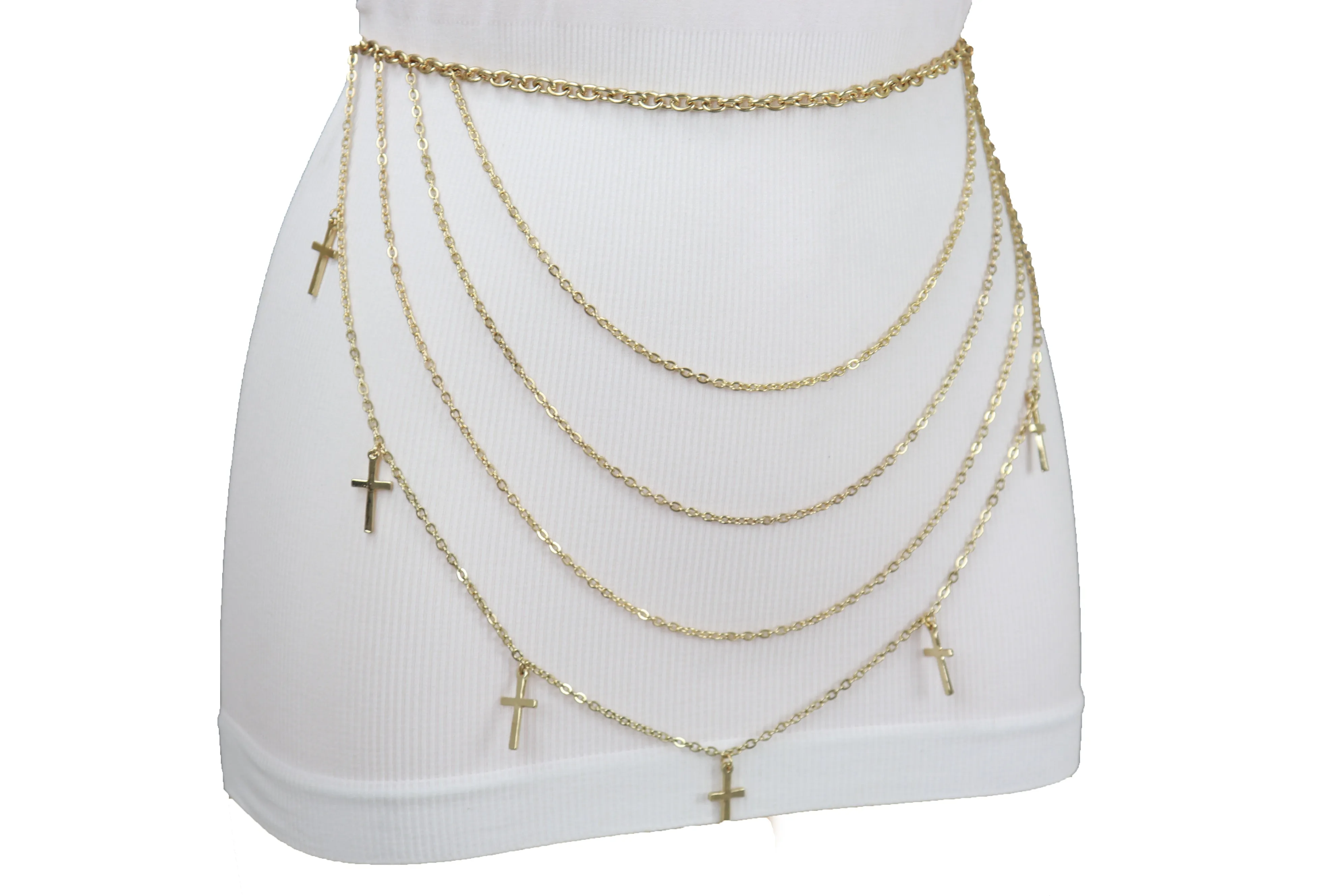 Gold Metal Chain Links Waves Belt Cross Charms S M L