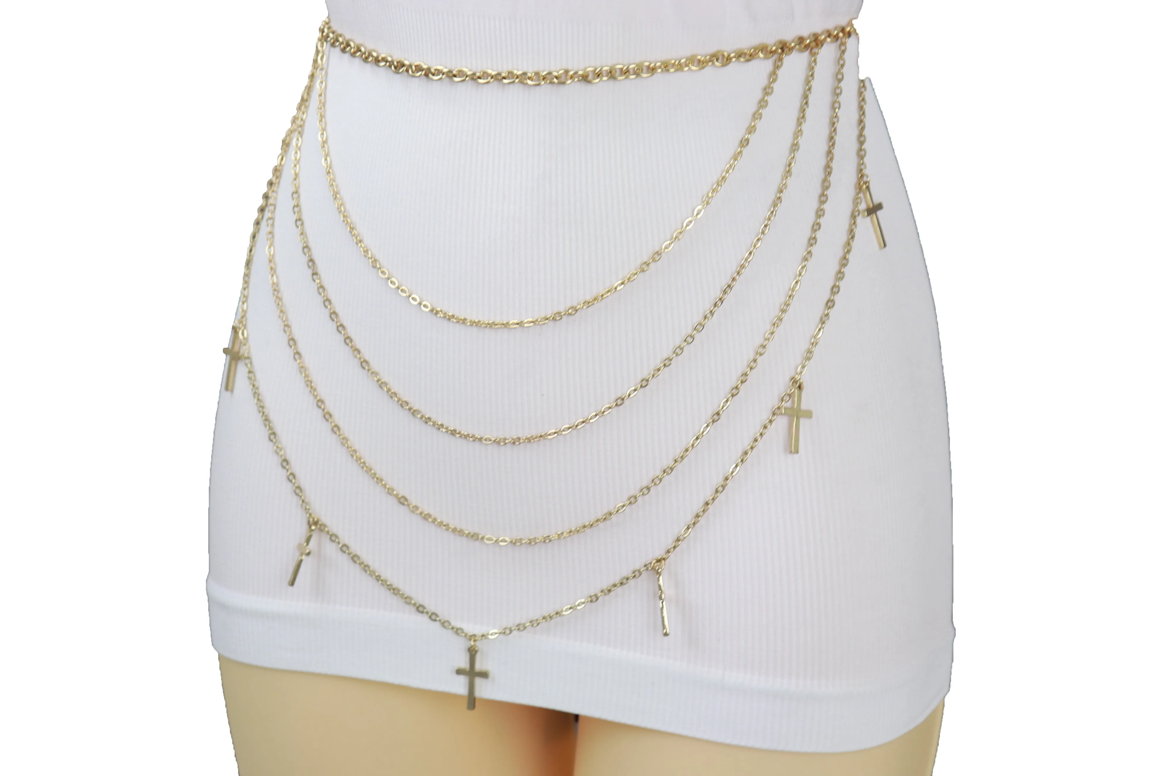 Gold Metal Chain Links Waves Belt Cross Charms S M L