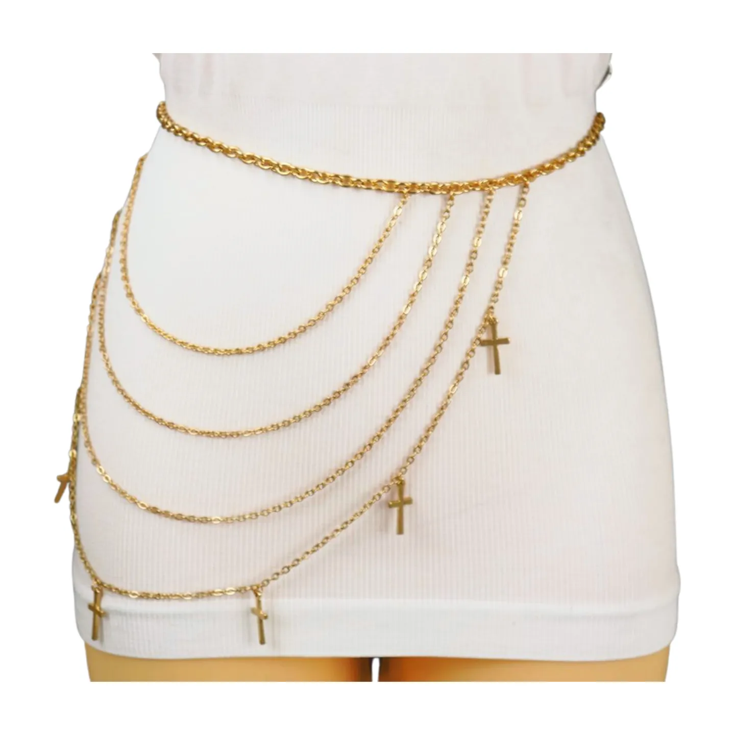 Gold Metal Chain Links Waves Belt Cross Charms S M L