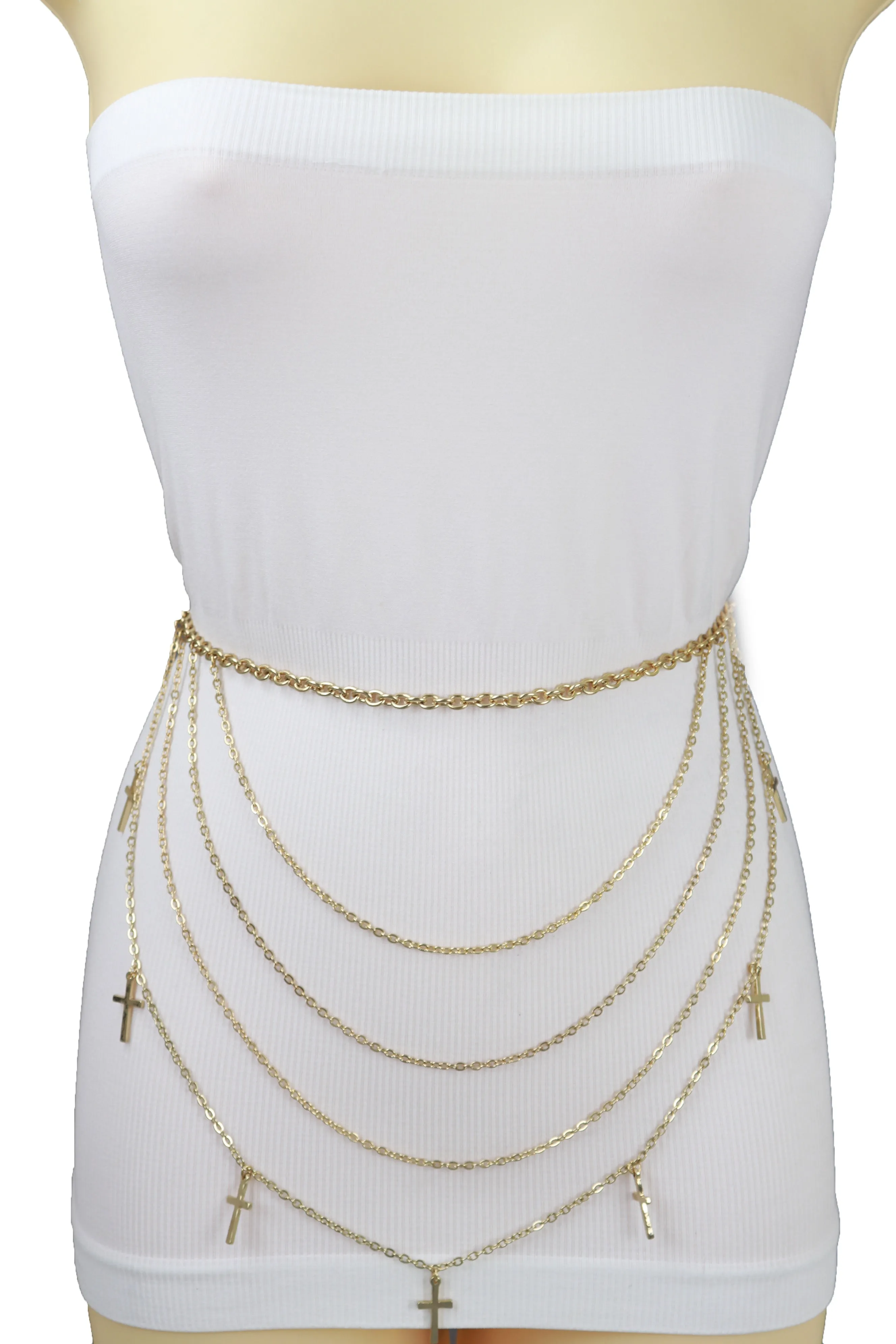 Gold Metal Chain Links Waves Belt Cross Charms S M L