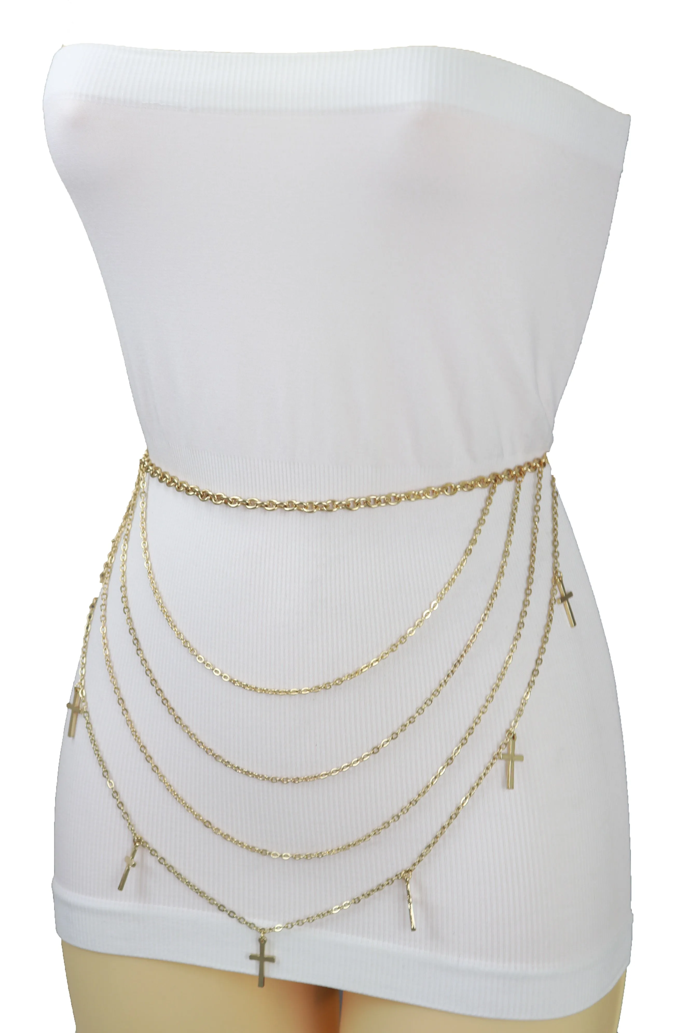 Gold Metal Chain Links Waves Belt Cross Charms S M L