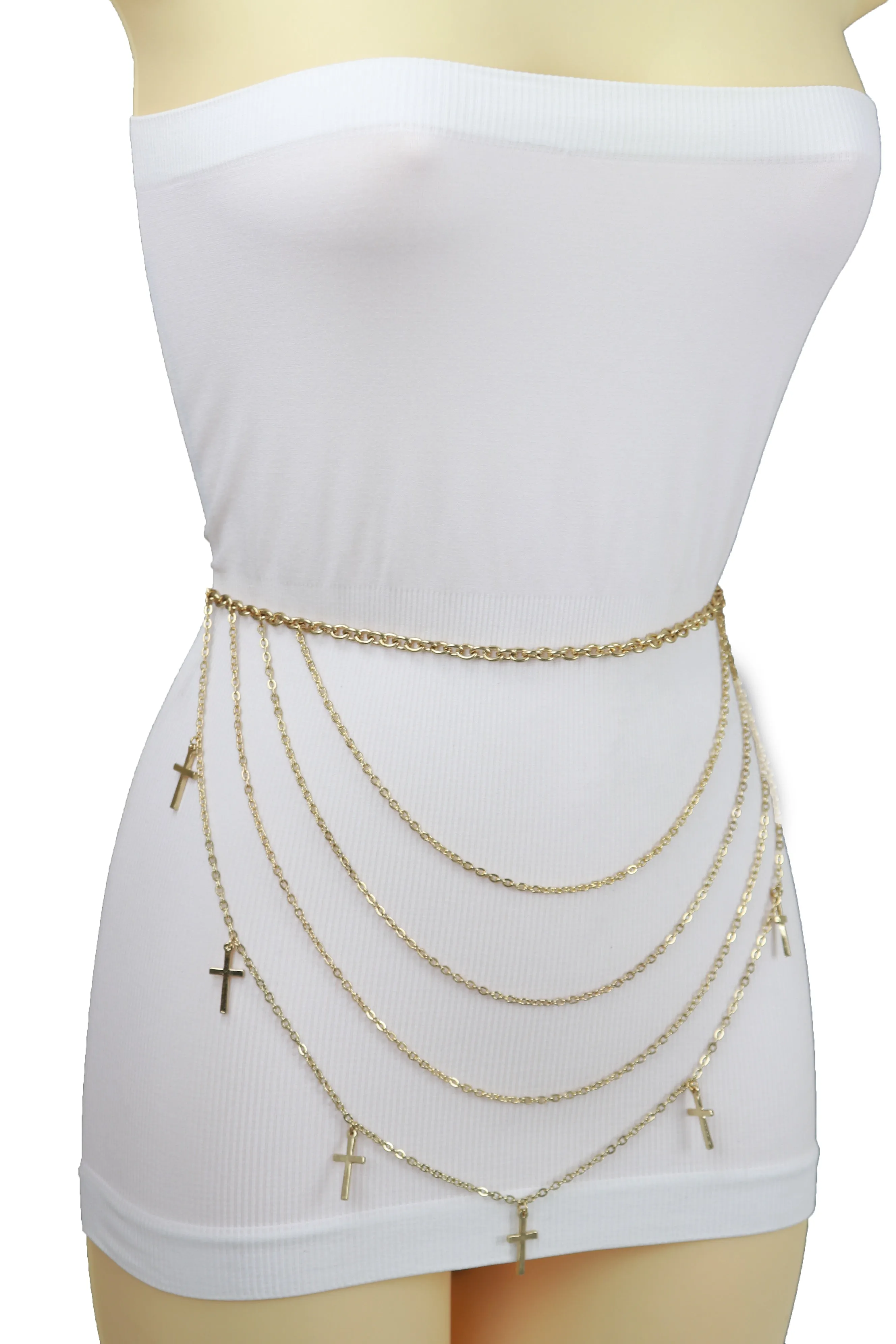 Gold Metal Chain Links Waves Belt Cross Charms S M L