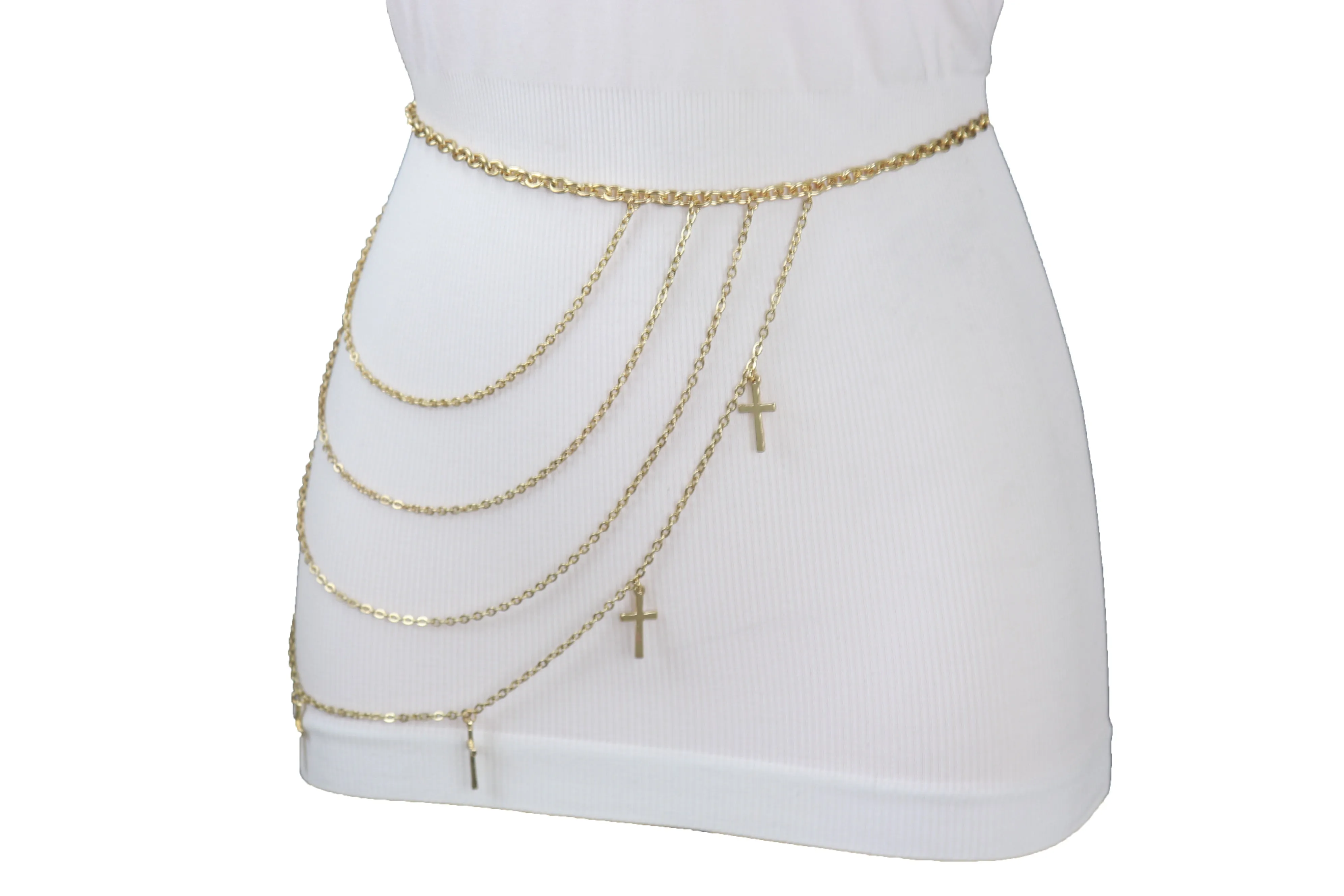 Gold Metal Chain Links Waves Belt Cross Charms S M L